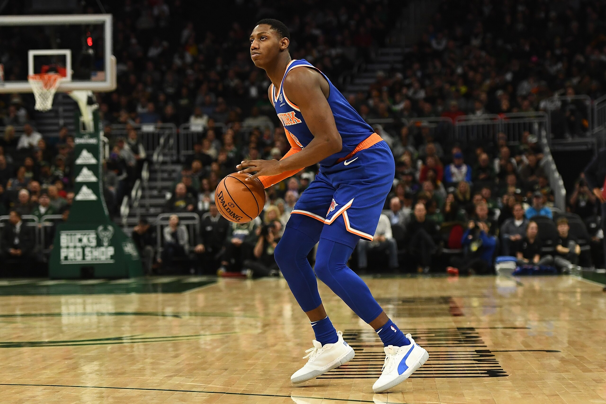 MILWAUKEE, WISCONSIN - DECEMBER 02:  RJ Barrett #9 of the New York Knicks takes a three point shot during a game against the Milwaukee Bucks at Fiserv Forum on December 02, 2019 in Milwaukee, Wisconsin. NOTE TO USER: User expressly acknowledges and agrees