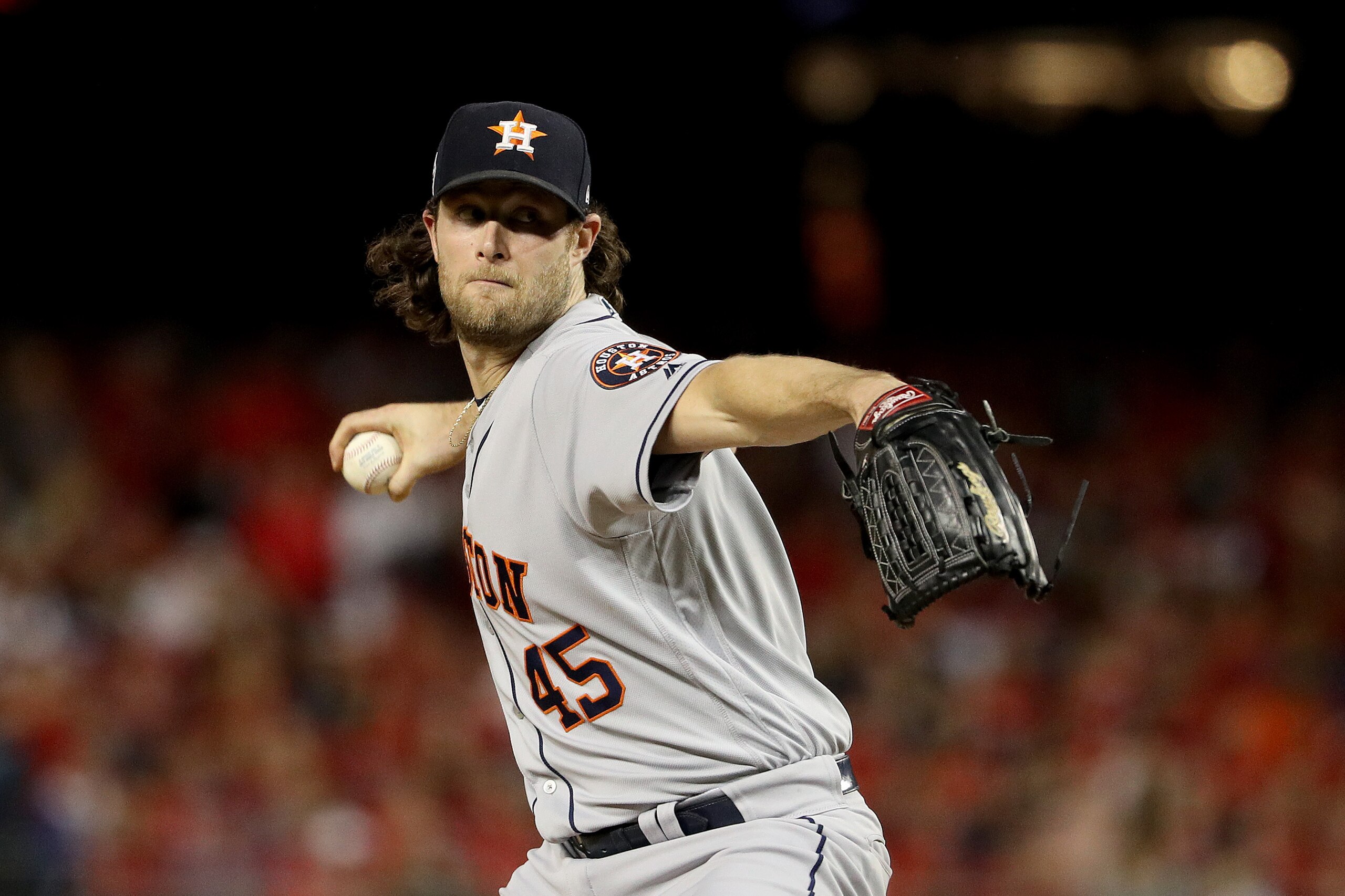 WASHINGTON, DC - OCTOBER 27:  Gerrit Cole #45 of the Houston Astros delivers the pitch against the Washington Nationals during the sixth inning in Game Five of the 2019 World Series at Nationals Park on October 27, 2019 in Washington, DC. (Photo by Patric