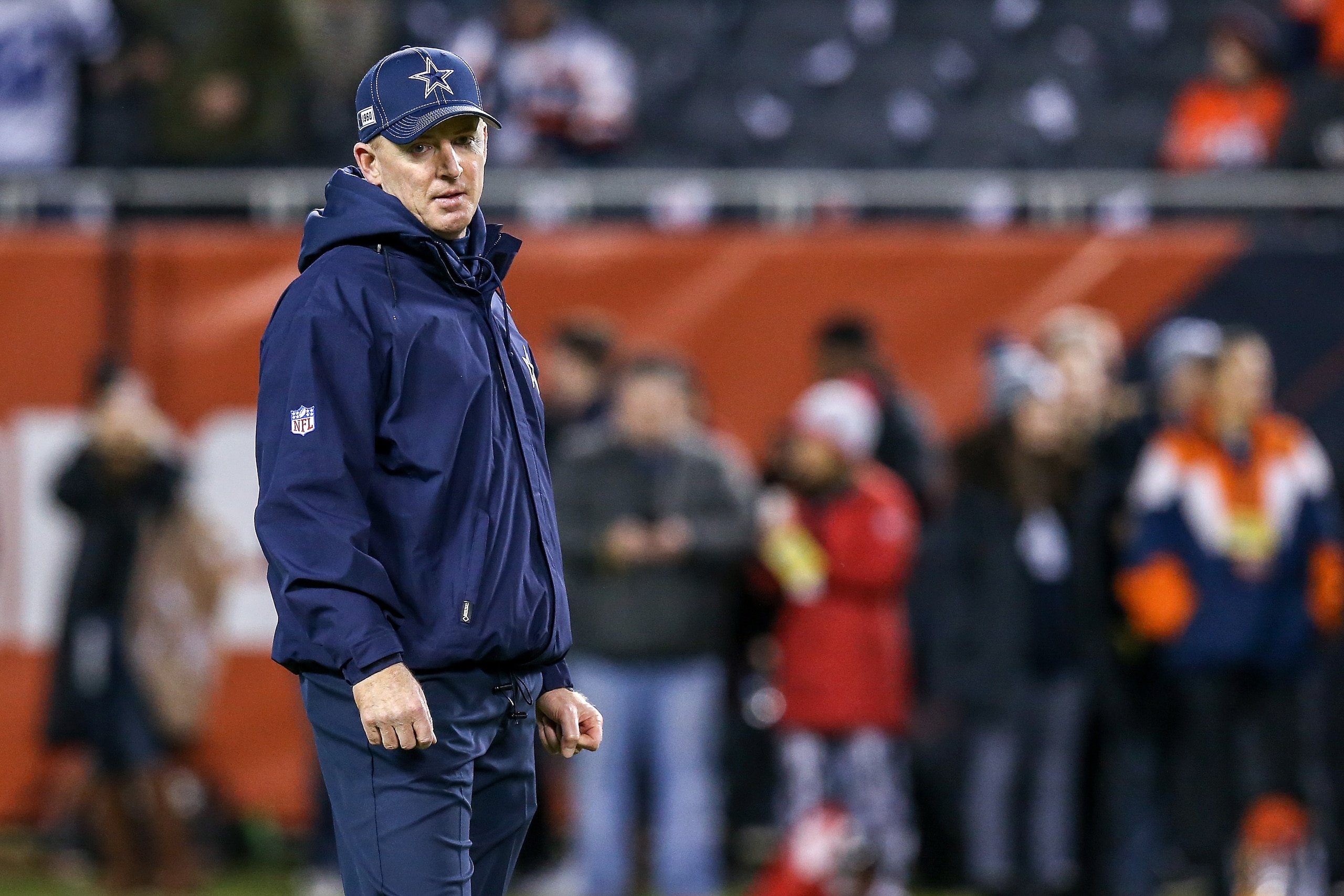 CHICAGO, ILLINOIS - DECEMBER 05: Head coach Jason Garrett of the Dallas Cowboys looks on before the game against the Chicago Bears qat Soldier Field on December 05, 2019 in Chicago, Illinois. (Photo by Dylan Buell/Getty Images)