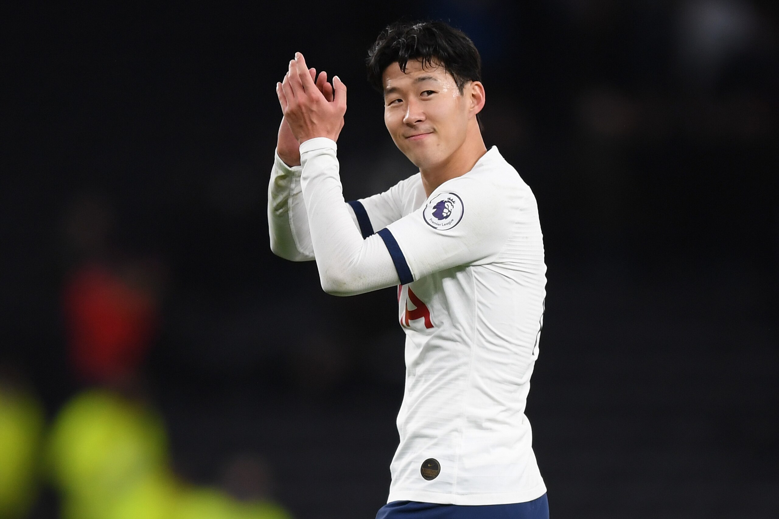 LONDON, ENGLAND - DECEMBER 07: Heung-Min Son of Tottenham Hotspur applauds fans following victory in the Premier League match between Tottenham Hotspur and Burnley FC at Tottenham Hotspur Stadium on December 07, 2019 in London, United Kingdom. (Photo by S