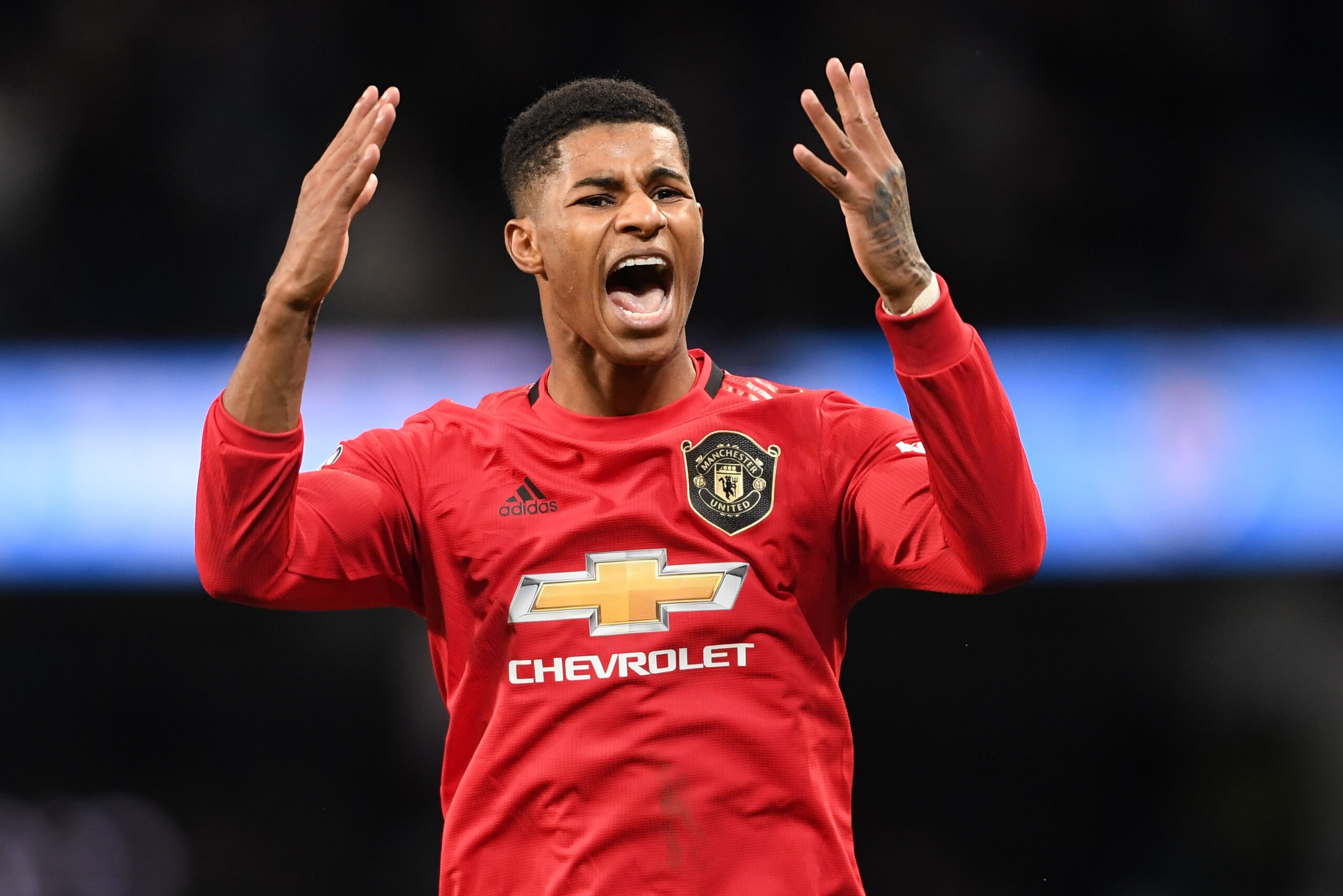 MANCHESTER, ENGLAND - DECEMBER 07: Marcus Rashford of Manchester United celebrates victory after the Premier League match between Manchester City and Manchester United at Etihad Stadium on December 07, 2019 in Manchester, United Kingdom. (Photo by Laurenc