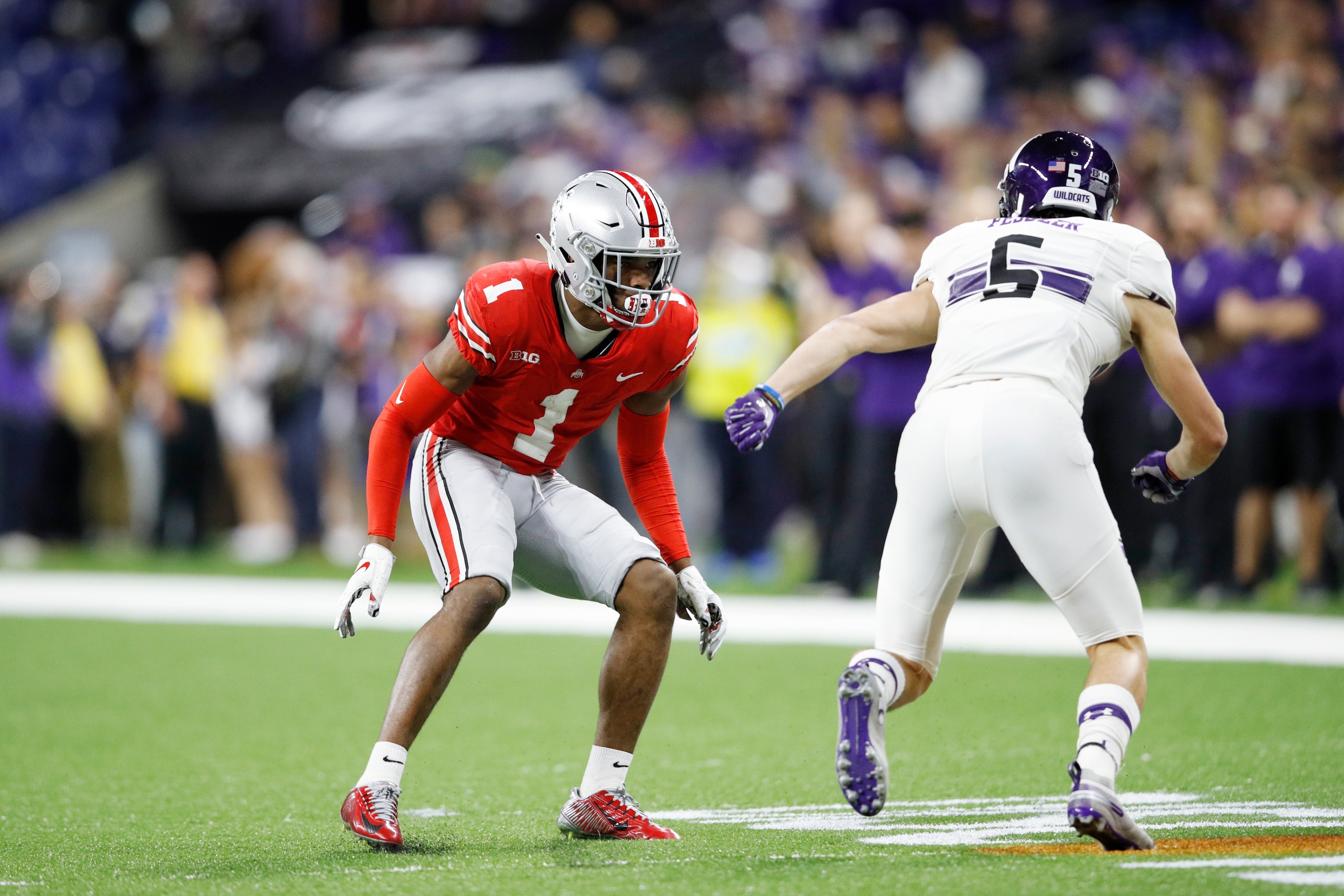 INDIANAPOLIS, IN - DECEMBER 01: Jeffrey Okudah #1 of the Ohio State Buckeyes in action during the Big Ten Championship game against the Northwestern Wildcats at Lucas Oil Stadium on December 1, 2018 in Indianapolis, Indiana. Ohio State won 45-24. (Photo b INDIANAPOLIS, IN - DECEMBER 01: Jeffrey Okudah #1 of the Ohio State Buckeyes in action during the Big Ten Championship game against the Northwestern Wildcats at Lucas Oil Stadium on December 1, 2018 in Indianapolis, Indiana. Ohio State won 45-24. (Photo b