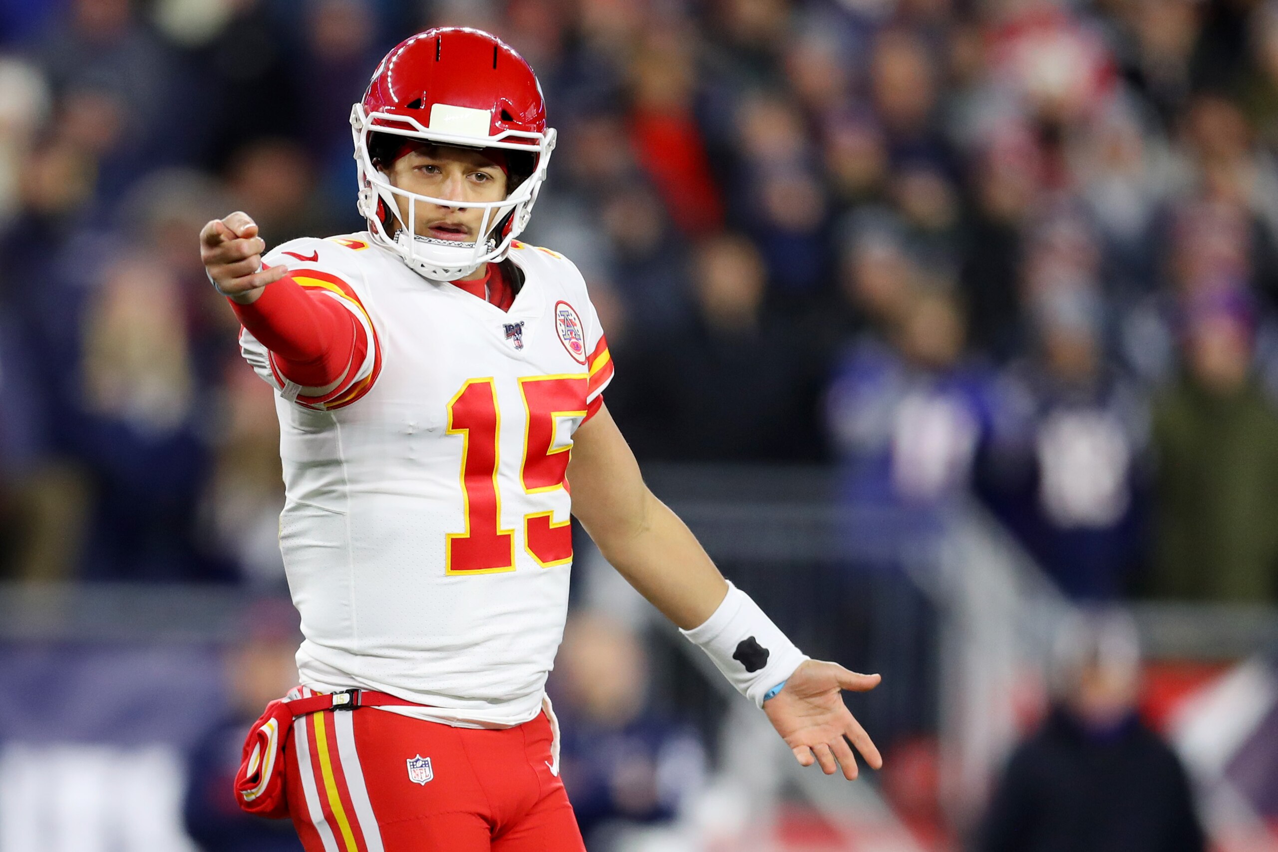 FOXBOROUGH, MASSACHUSETTS - DECEMBER 08: Patrick Mahomes #15 of the Kansas City Chiefs disputes a call during the game against the New England Patriot at Gillette Stadium on December 08, 2019 in Foxborough, Massachusetts. (Photo by Maddie Meyer/Getty Ima FOXBOROUGH, MASSACHUSETTS - DECEMBER 08: Patrick Mahomes #15 of the Kansas City Chiefs disputes a call during the game against the New England Patriot at Gillette Stadium on December 08, 2019 in Foxborough, Massachusetts. (Photo by Maddie Meyer/Getty Ima
