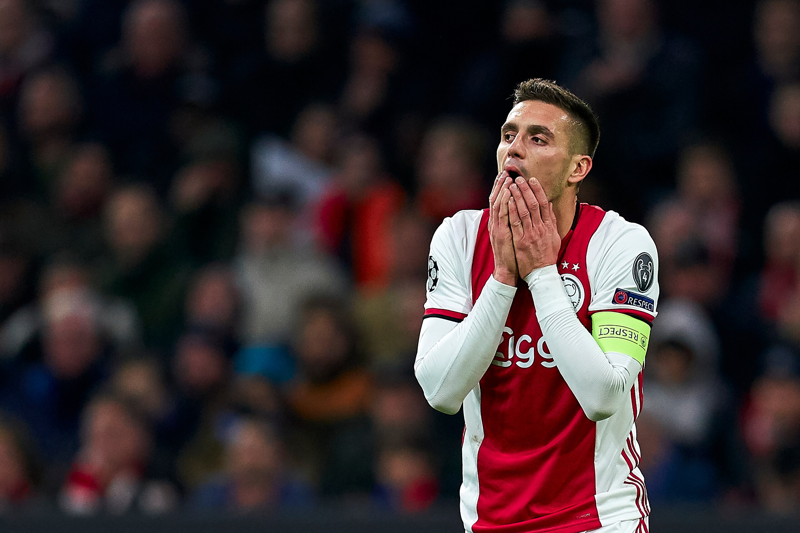 AMSTERDAM, NETHERLANDS - DECEMBER 10: Dusan Tadic of AFC Ajax reacts during the UEFA Champions League group H match between AFC Ajax and Valencia CF at Amsterdam Arena on December 10, 2019 in Amsterdam, Netherlands. (Photo by Quality Sport Images/Getty Im