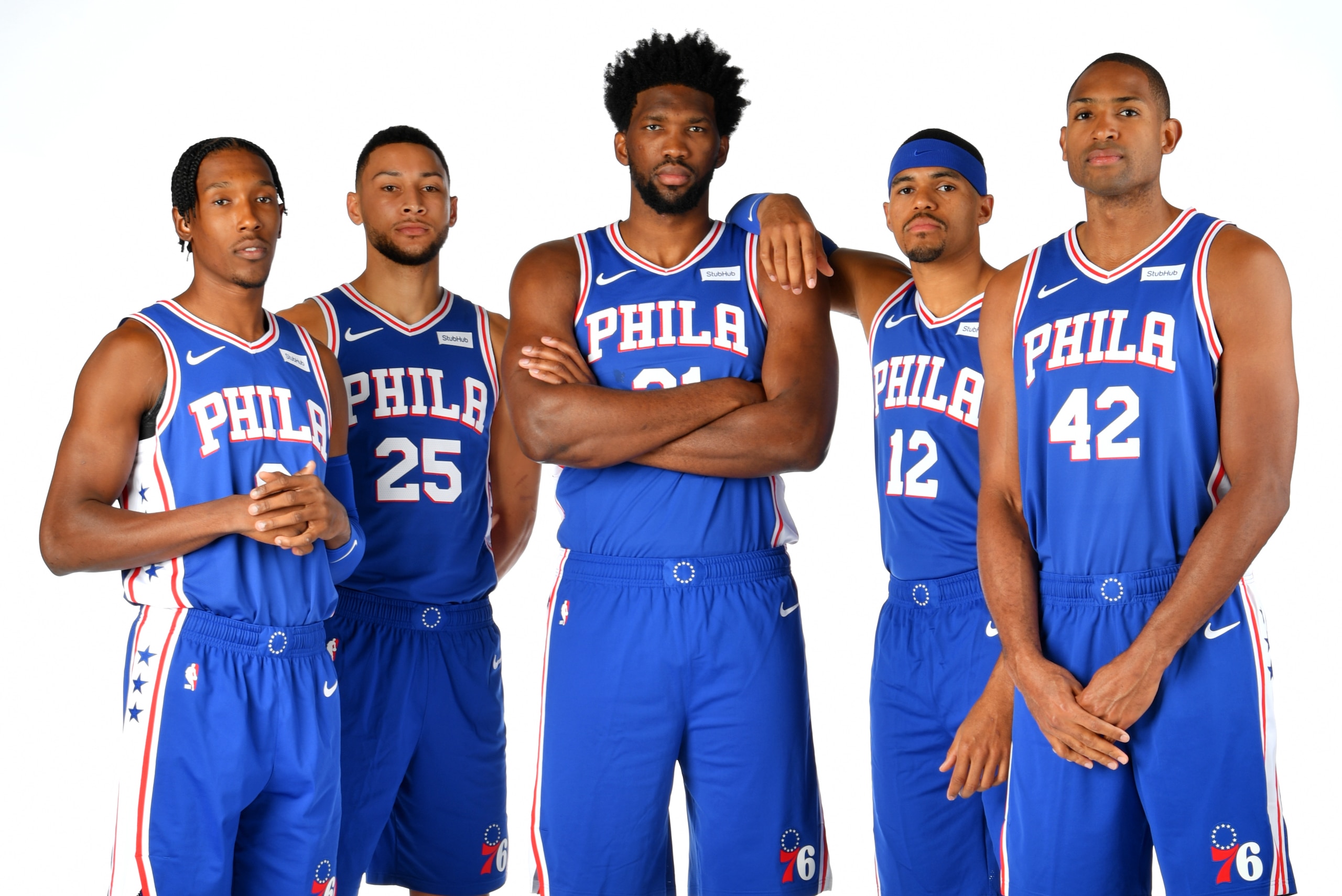CAMDEN, NJ - OCTOBER 1: Josh Richardson #0, Ben Simmons #25, Joel Embiid #21, Tobias Harris #12, and Al Horford #42 of the Philadelphia 76ers pose for a portrait on October 1, 2019 at the Philadelphia 76ers Training Complex in Camden, New Jersey. NOTE TO 