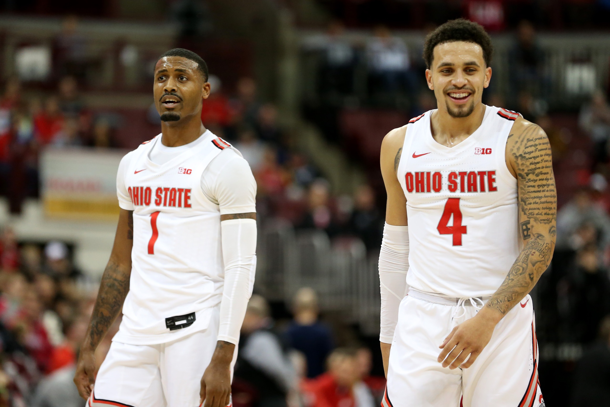 COLUMBUS, OHIO - NOVEMBER 22: Luther Muhammad #1 and Duane Washington Jr. #4 of the Ohio State Buckeyes react after a play in the game against the Purdue Fort Wayne Mastodons during the first half at Value City Arena on November 22, 2019 in Columbus, Ohio