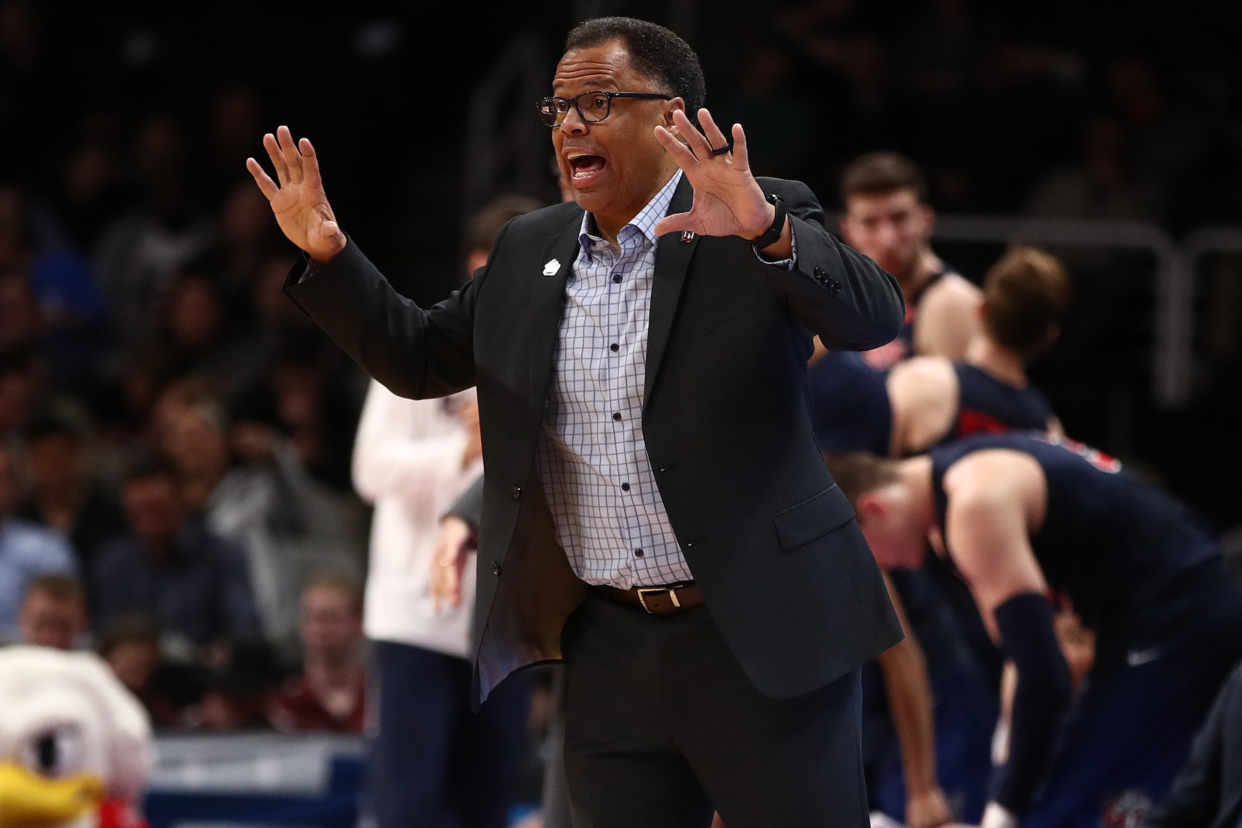 SAN JOSE, CALIFORNIA - MARCH 22: Head coach Ritchie McKay of the Liberty Flames reacts to a play during their game in the First Round of the NCAA Basketball Tournament against the Mississippi State Bulldogs at SAP Center on March 22, 2019 in San Jose, Cal
