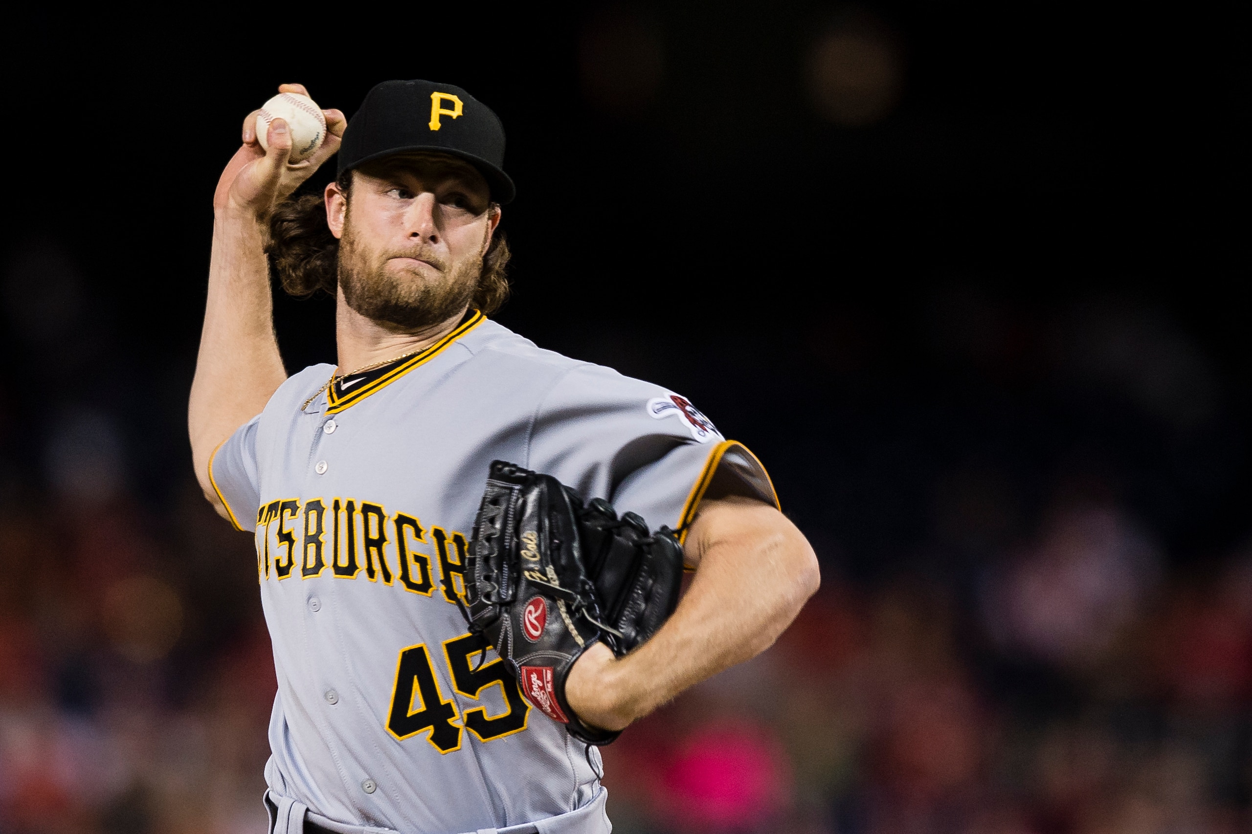 WASHINGTON, DC - SEPTEMBER 29: Starting pitcher Gerrit Cole #45 of the Pittsburgh Pirates throws a pitch in the first inning against the Washington Nationals at Nationals Park on September 29, 2017 in Washington, DC. (Photo by Patrick McDermott/Getty Imag