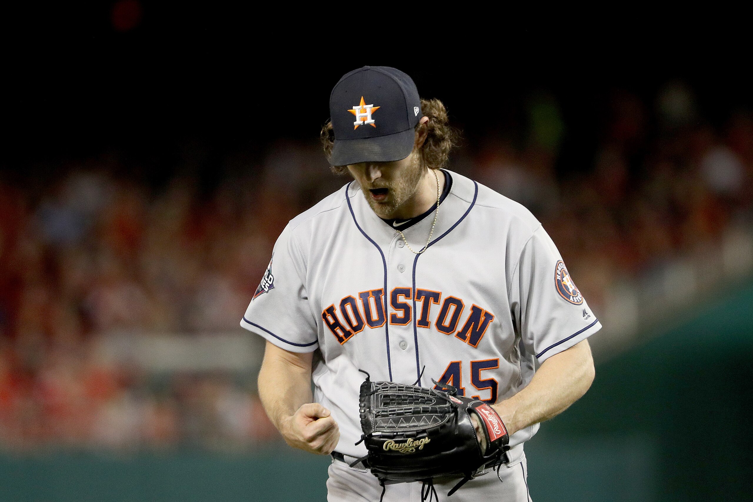 WASHINGTON, DC - OCTOBER 27:  Gerrit Cole #45 of the Houston Astros reacts after retiring the side against the Washington Nationals during the fourth inning in Game Five of the 2019 World Series at Nationals Park on October 27, 2019 in Washington, DC. (Ph