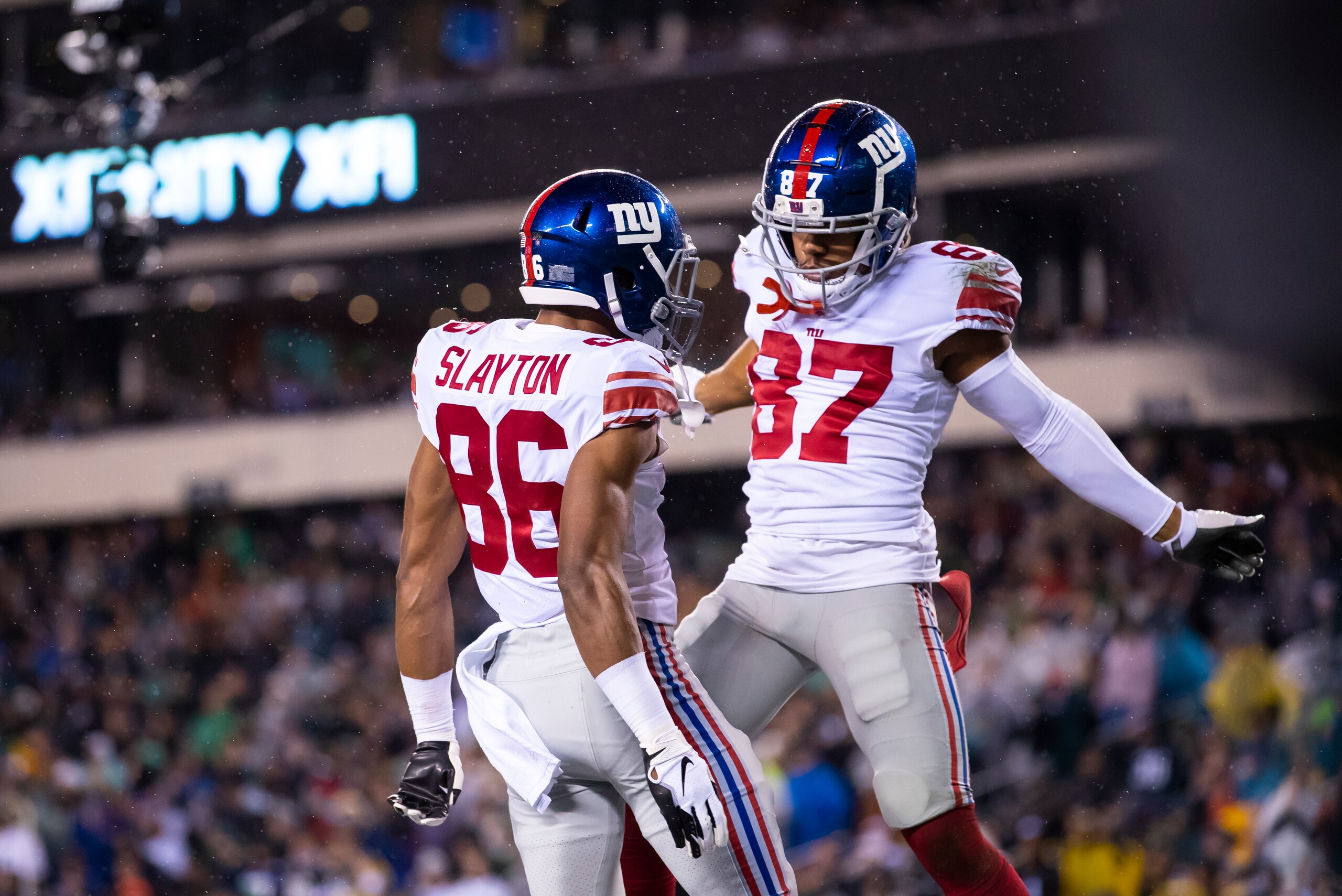PHILADELPHIA, PA - DECEMBER 09:  Darius Slayton #86 of the New York Giants celebrates a touchdown reception with Sterling Shepard #87 during the second quarter against the Philadelphia Eagles at Lincoln Financial Field on December 9, 2019 in Philadelphia,