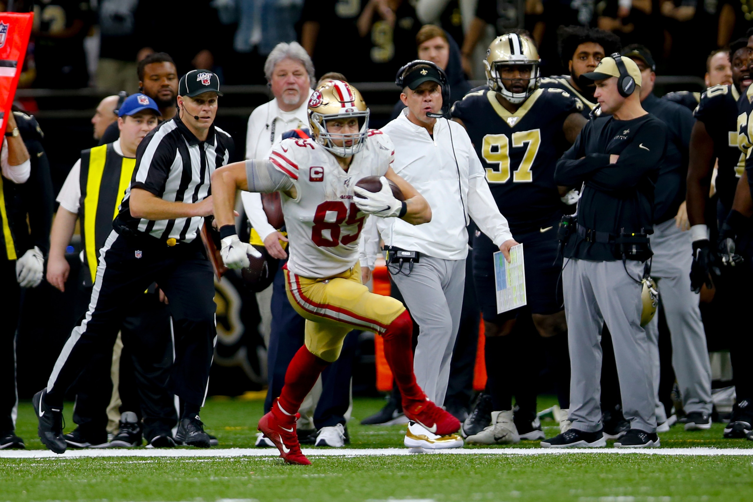 NEW ORLEANS, LA - DECEMBER 8: George Kittle #85 of the San Francisco 49ers runs after making a reception during the game against the New Orleans Saints at the Mercedes-Benz Superdome on December 8, 2019 in New Orleans, Louisiana. The 49ers defeated the Sa
