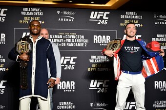 LAS VEGAS, NEVADA - DECEMBER 12:  (L-R) Kamaru Usman of Nigeria and Colby Covington face off during the UFC 245 Ultimate Media Day at the Red Rock Casino Resort on December 12, 2019 in Las Vegas, Nevada. (Photo by Chris Unger/Zuffa LLC via Getty Images)