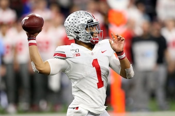 INDIANAPOLIS, INDIANA - DECEMBER 07: Justin Fields #01 of the Ohio State Buckeyes throws a pass in the Big Ten Championship game against the Ohio State Buckeyes at Lucas Oil Stadium on December 07, 2019 in Indianapolis, Indiana. (Photo by Justin Casterlin
