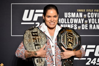 LAS VEGAS, NEVADA - DECEMBER 12:  Amanda Nunes of Brazil poses for the media during the UFC 245 Ultimate Media Day at the Red Rock Casino Resort on December 12, 2019 in Las Vegas, Nevada. (Photo by Chris Unger/Zuffa LLC via Getty Images)