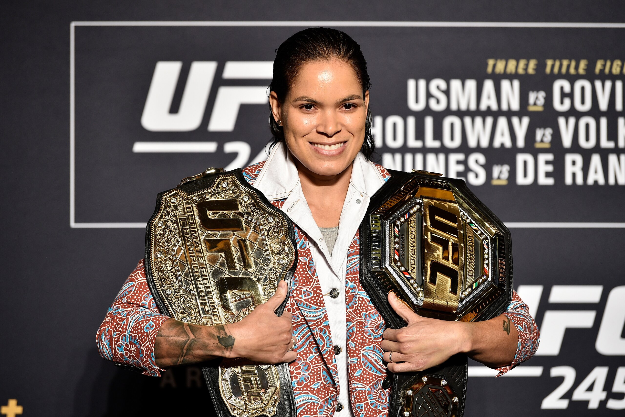LAS VEGAS, NEVADA - DECEMBER 12:  Amanda Nunes of Brazil poses for the media during the UFC 245 Ultimate Media Day at the Red Rock Casino Resort on December 12, 2019 in Las Vegas, Nevada. (Photo by Chris Unger/Zuffa LLC via Getty Images)
