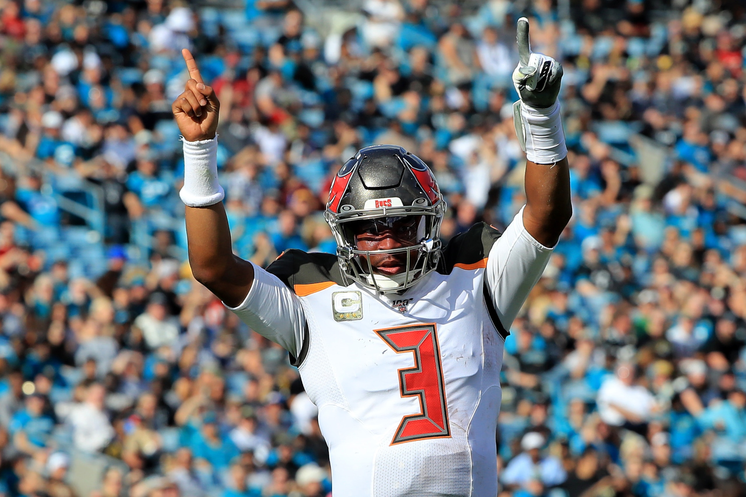 JACKSONVILLE, FLORIDA - DECEMBER 01: Jameis Winston #3 of the Tampa Bay Buccaneers celebrates a touchdown during the game against the Jacksonville Jaguars at TIAA Bank Field on December 01, 2019 in Jacksonville, Florida. (Photo by Sam Greenwood/Getty Imag