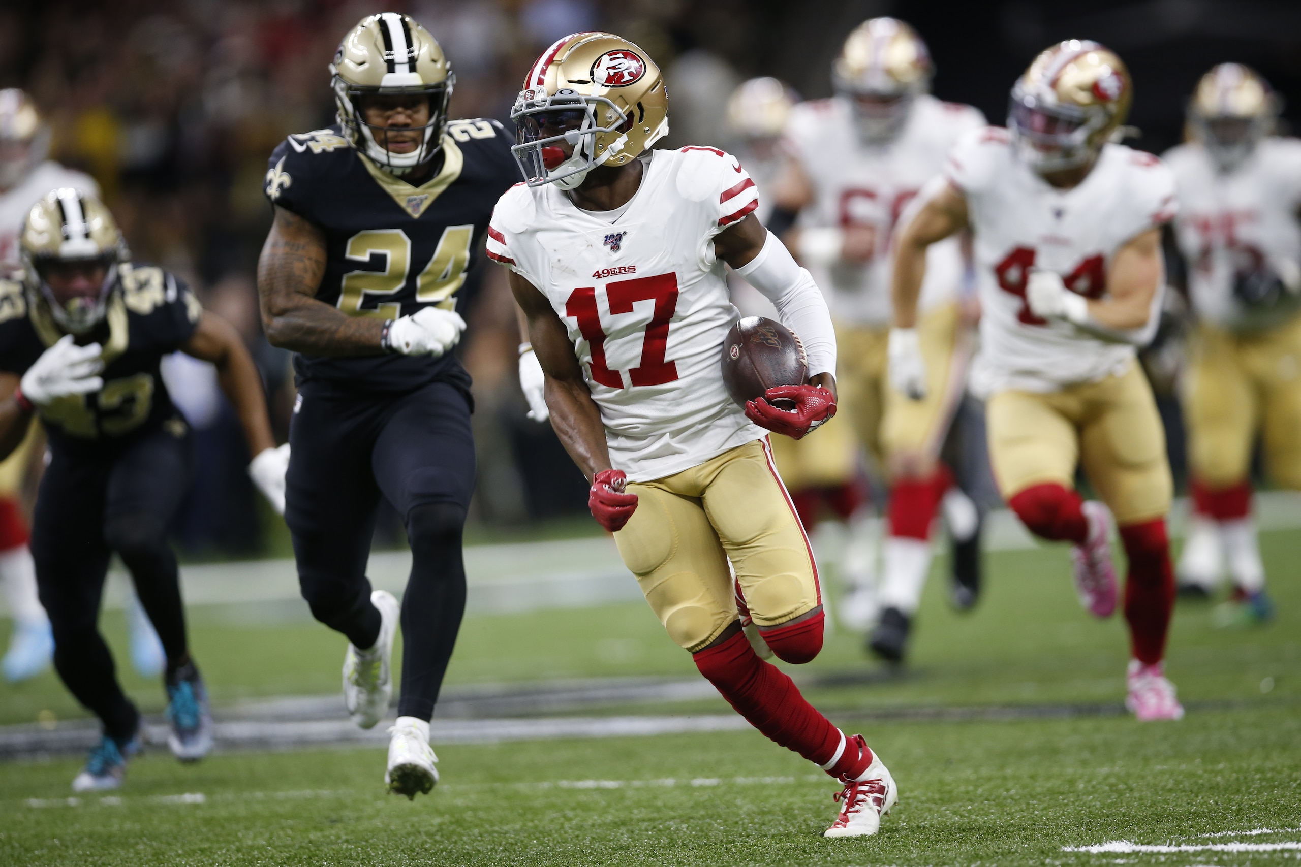 NEW ORLEANS, LA - DECEMBER 8: Emmanuel Sanders #17 of the San Francisco 49ers runs after making a reception during the game against the New Orleans Saints at the Mercedes-Benz Superdome on December 8, 2019 in New Orleans, Louisiana. The 49ers defeated the NEW ORLEANS, LA - DECEMBER 8: Emmanuel Sanders #17 of the San Francisco 49ers runs after making a reception during the game against the New Orleans Saints at the Mercedes-Benz Superdome on December 8, 2019 in New Orleans, Louisiana. The 49ers defeated the