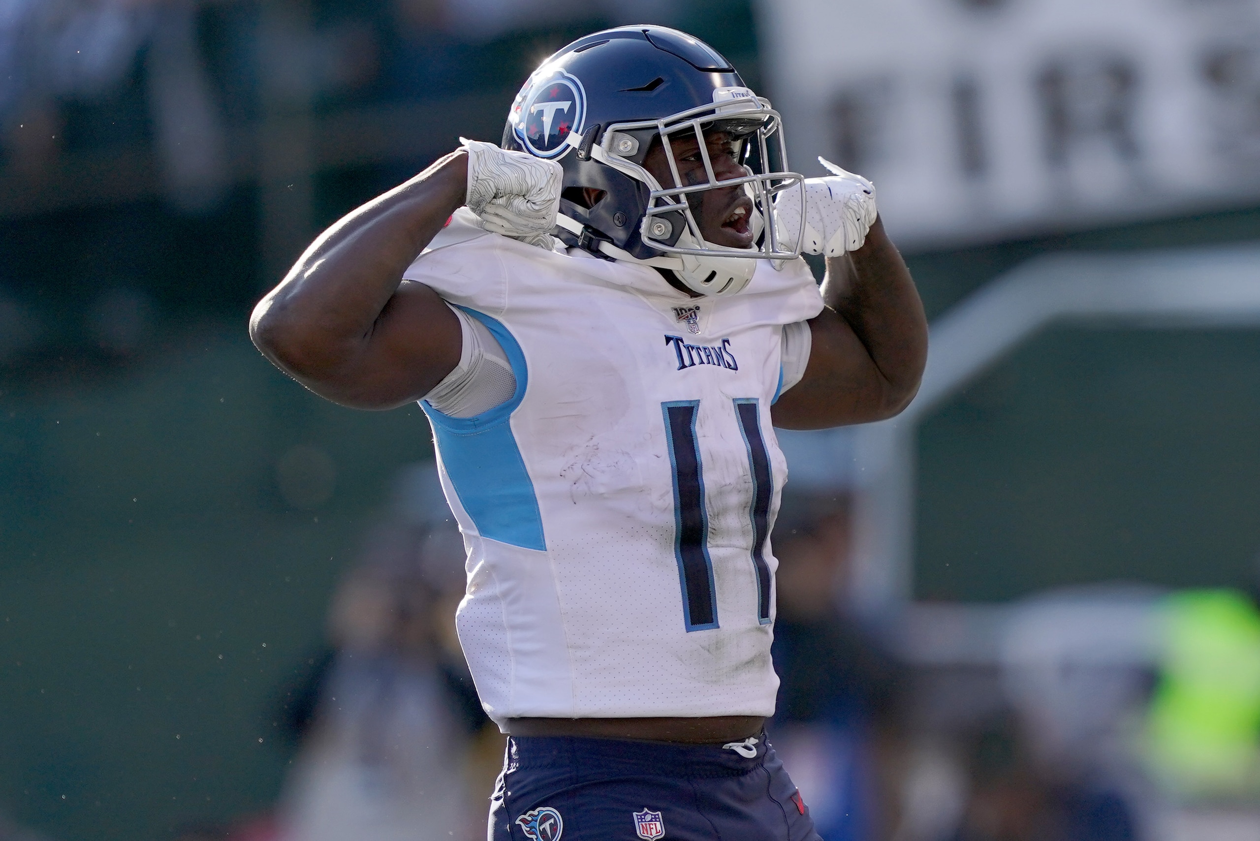 OAKLAND, CALIFORNIA - DECEMBER 08: A.J. Brown #11 of the Tennessee Titans celebrates after he scored a touchdown against the Oakland Raiders during the first half of an NFL football game at RingCentral Coliseum on December 08, 2019 in Oakland, California. OAKLAND, CALIFORNIA - DECEMBER 08: A.J. Brown #11 of the Tennessee Titans celebrates after he scored a touchdown against the Oakland Raiders during the first half of an NFL football game at RingCentral Coliseum on December 08, 2019 in Oakland, California.