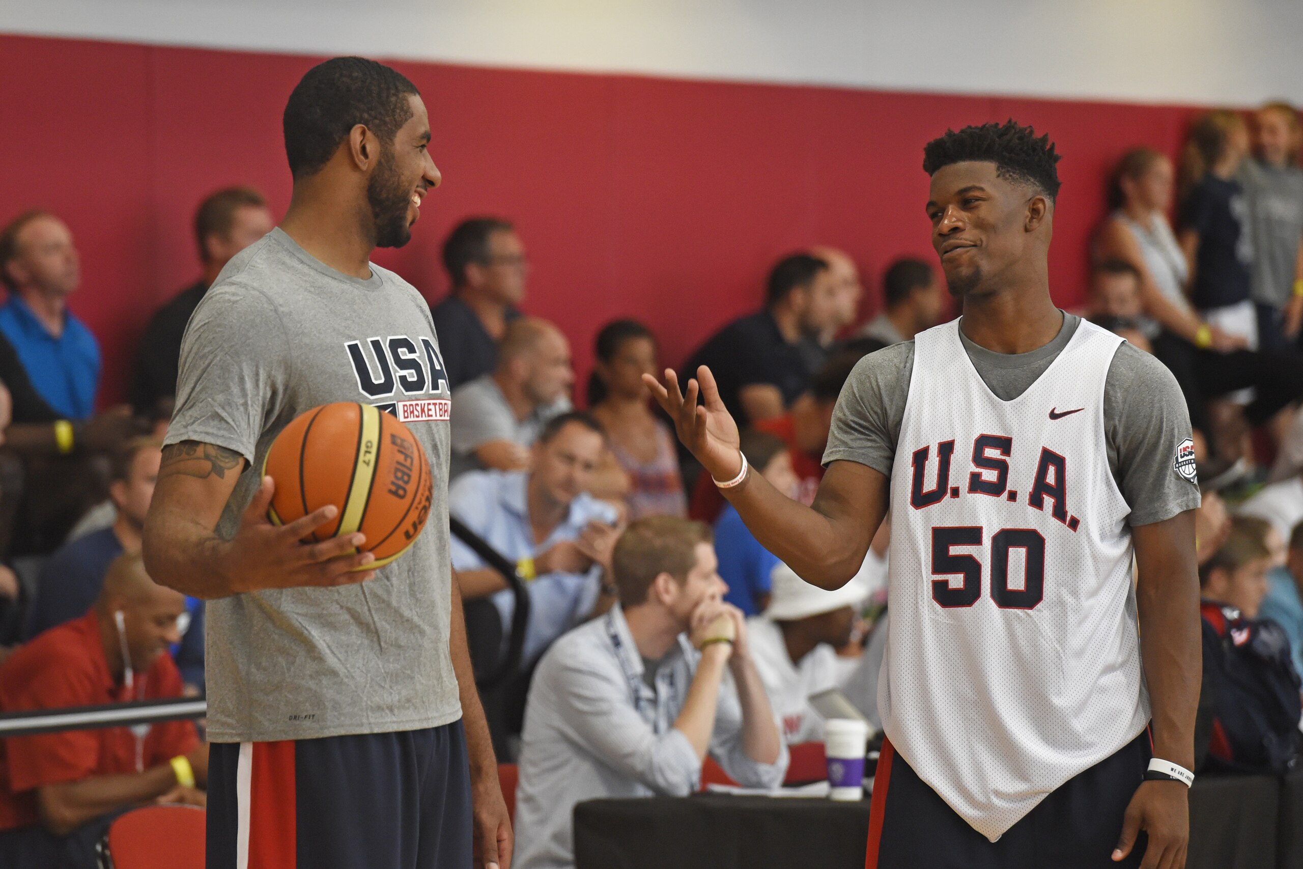 LAS VEGAS, NV - AUGUST 11:  LaMarcus Aldridge and Jimmy Butler of the USA National Team participate in a minicamp at UNLV on August 11, 2015 in Las Vegas, Nevada. NOTE TO USER: User expressly acknowledges and agrees that, by downloading and/or using this 