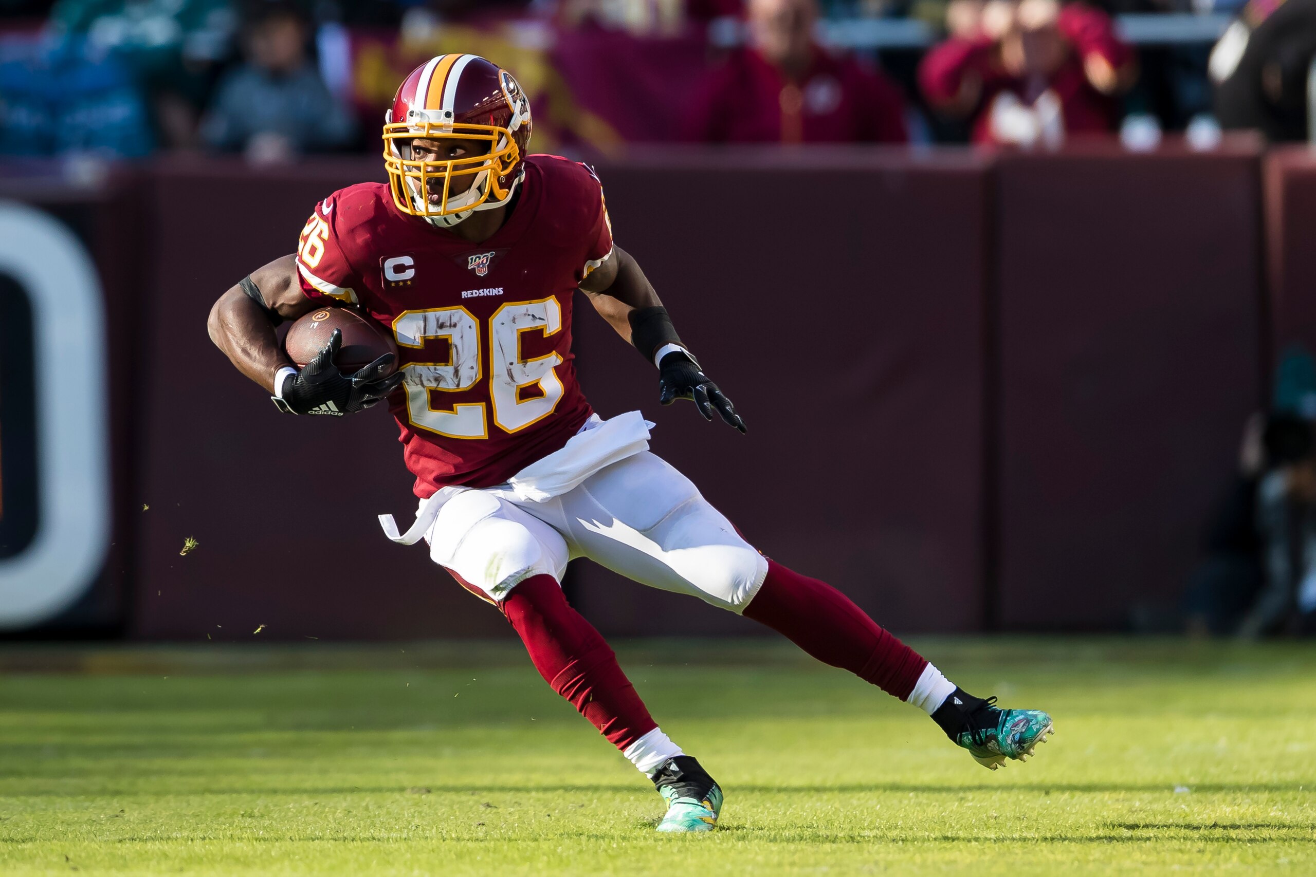 LANDOVER, MD - DECEMBER 15: Adrian Peterson #26 of the Washington Redskins runs after a catch against the Philadelphia Eagles during the first half at FedExField on December 15, 2019 in Landover, Maryland. (Photo by Scott Taetsch/Getty Images)
