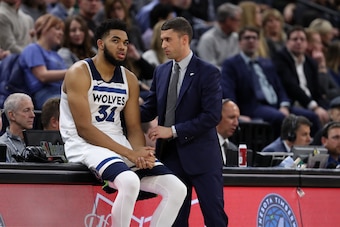MINNEAPOLIS, MN - FEBRUARY 11: Head Coach Ryan Saunder, and Karl-Anthony Towns #32 of the Minnesota Timberwolves talk during the game against the LA Clippers on February 11, 2019 at Target Center in Minneapolis, Minnesota. NOTE TO USER: User expressly ack