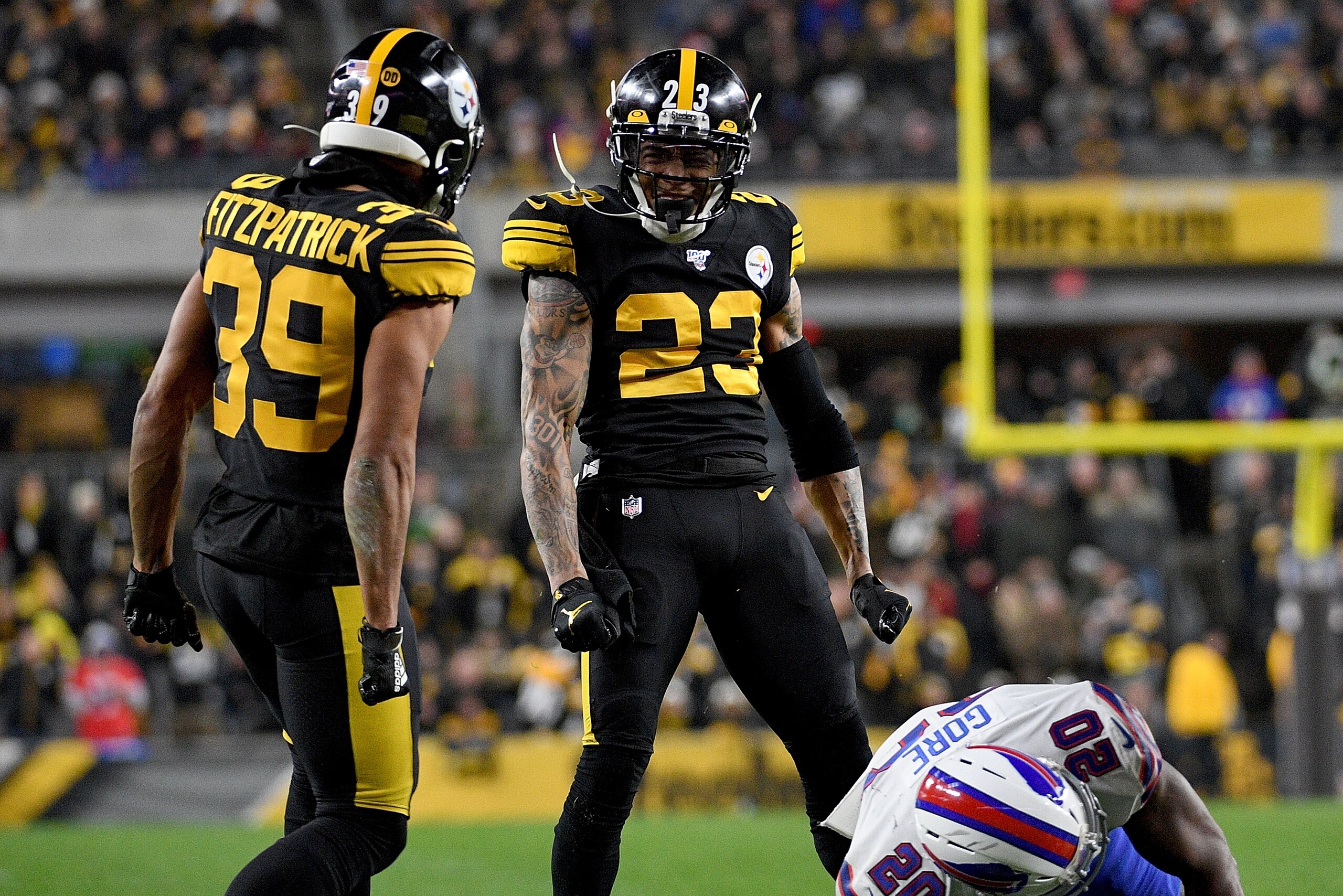 PITTSBURGH, PA - DECEMBER 15: Joe Haden #23 of the Pittsburgh Steelers reacts after tackling Frank Gore #20 of the Buffalo Bills in the third quarter during the game at Heinz Field on December 15, 2019 in Pittsburgh, Pennsylvania. (Photo by Justin Berl/Ge