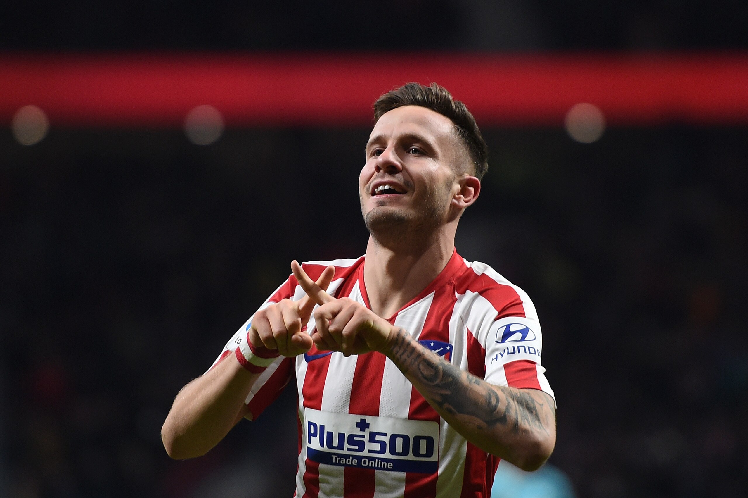 MADRID, SPAIN - DECEMBER 14: Saul Niguez of  Club Atletico de Madrid 
 celebrates scoring his team's 2nd goal during the Liga match between Club Atletico de Madrid and CA Osasuna at Wanda Metropolitano on December 14, 2019 in Madrid, Spain. (Photo by Deni