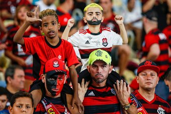 RIO DE JANEIRO, BRAZIL - NOVEMBER 27: Young fans of Flamengo with their faces painted as Gabriel Barbosa and Bruno Henrique before the match against Ceará for the Brasileirao Series A 2019 at Maracana Stadium on November 27, 2019 in Rio de Janeiro, Brazil