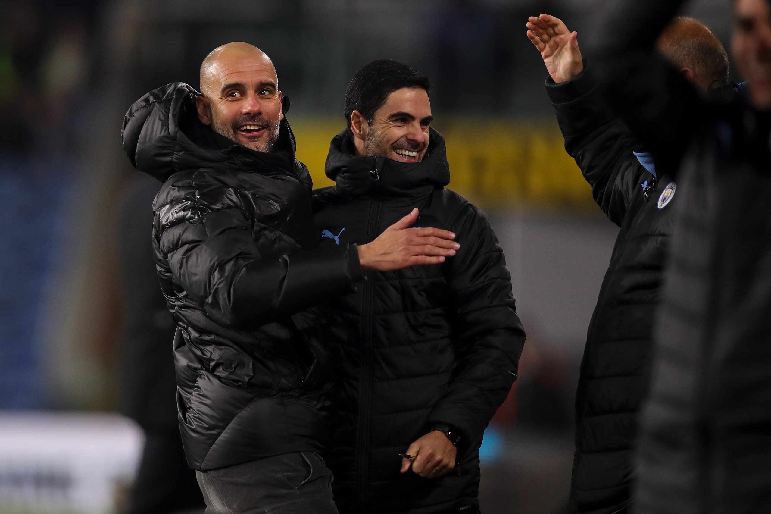 BURNLEY, ENGLAND - DECEMBER 03: Pep Guardiola the head coach / manager of Manchester City celebrates with Mikel Arteta the assistant head coach / manager of Manchester City during the Premier League match between Burnley FC and Manchester City at Turf Moo BURNLEY, ENGLAND - DECEMBER 03: Pep Guardiola the head coach / manager of Manchester City celebrates with Mikel Arteta the assistant head coach / manager of Manchester City during the Premier League match between Burnley FC and Manchester City at Turf Moo