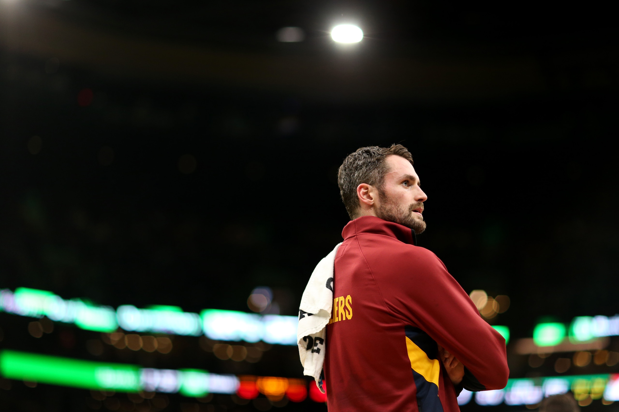 BOSTON, MASSACHUSETTS - DECEMBER 09: Kevin Love #0 of the Cleveland Cavaliers looks on during the game against the Boston Celtics at TD Garden on December 09, 2019 in Boston, Massachusetts. (Photo by Maddie Meyer/Getty Images)