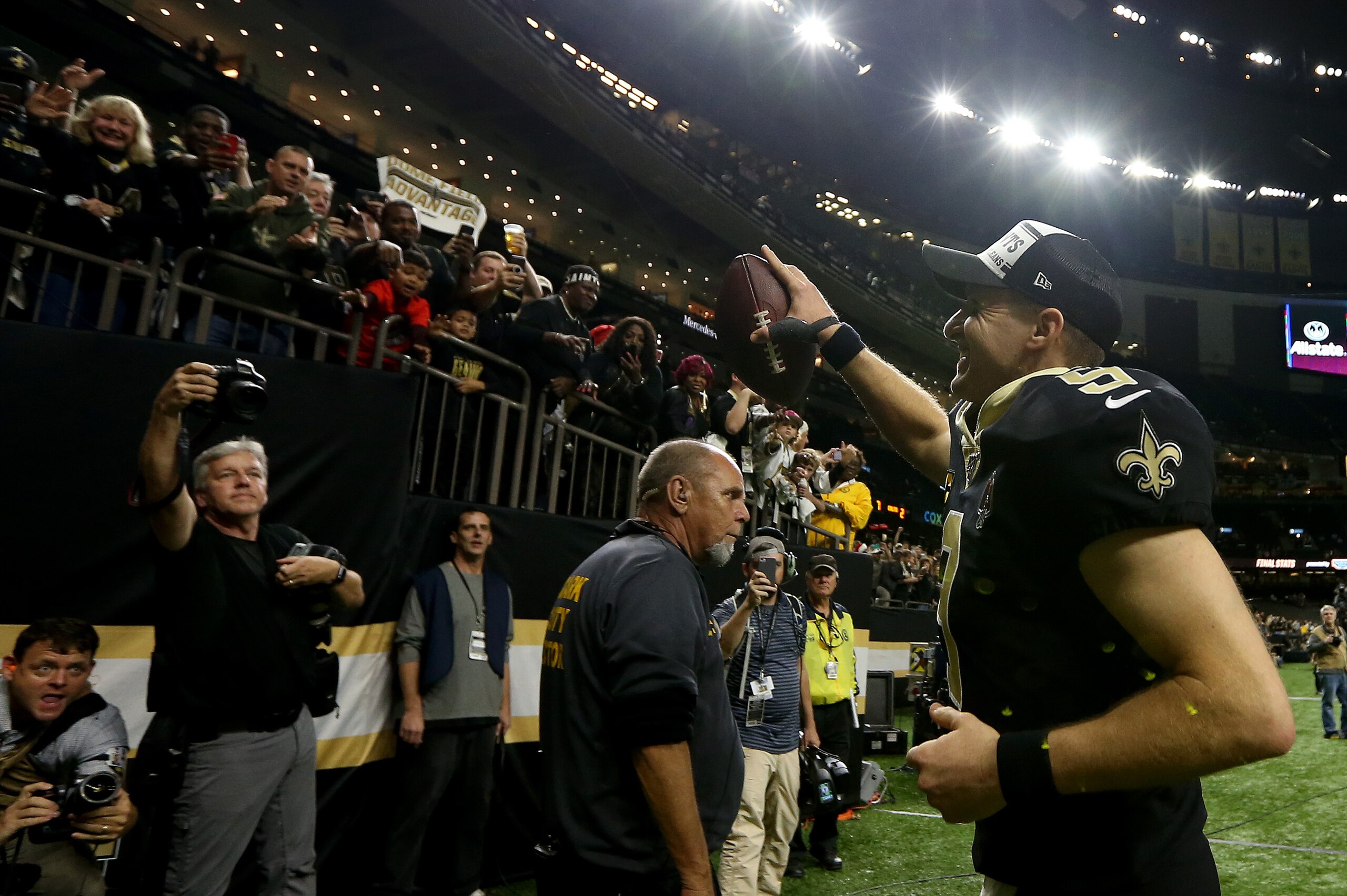 NEW ORLEANS, LOUISIANA - DECEMBER 16: Drew Brees #9 of the New Orleans Saints celebrates the 34-7 win over the Indianapolis Colts at the Mercedes Benz Superdome on December 16, 2019 in New Orleans, Louisiana. (Photo by Jonathan Bachman/Getty Images)