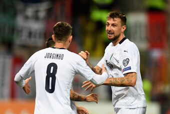 ZENICA, BOSNIA AND HERZEGOVINA - NOVEMBER 15:  Francesco Acerbi of Italy celebrates with Jorginho of Italy after scoring the opening goal during the UEFA Euro 2020 Qualifier between Bosnia and Herzegovina and Italy on November 15, 2019 in Zenica, Bosnia a