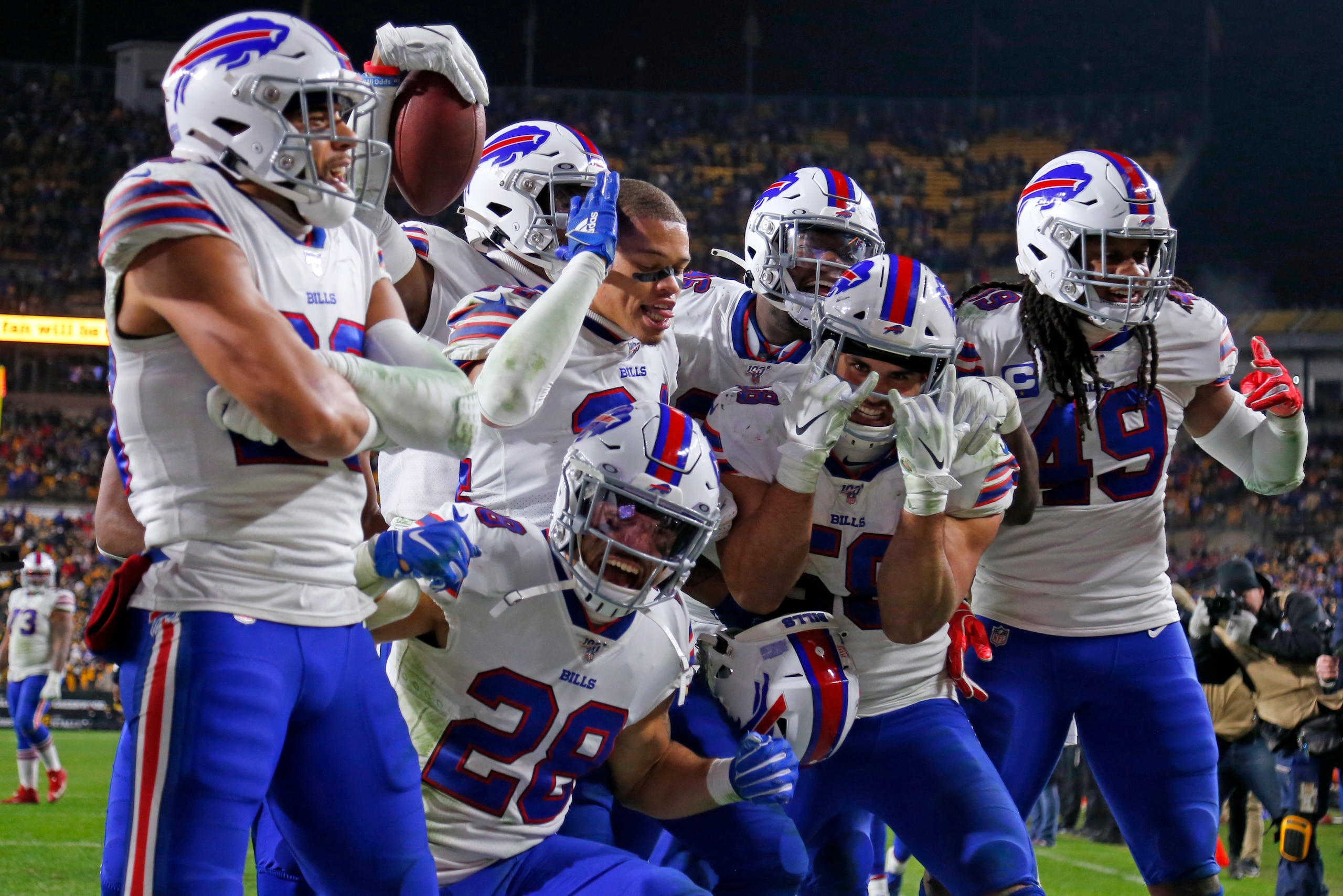 PITTSBURGH, PA - DECEMBER 15:  Levi Wallace #39 of the Buffalo Bills celebrates with his defensive teammates after catching an interception in the fourth quarter against the Pittsburgh Steelers on December 15, 2019 at Heinz Field in Pittsburgh, Pennsylvan