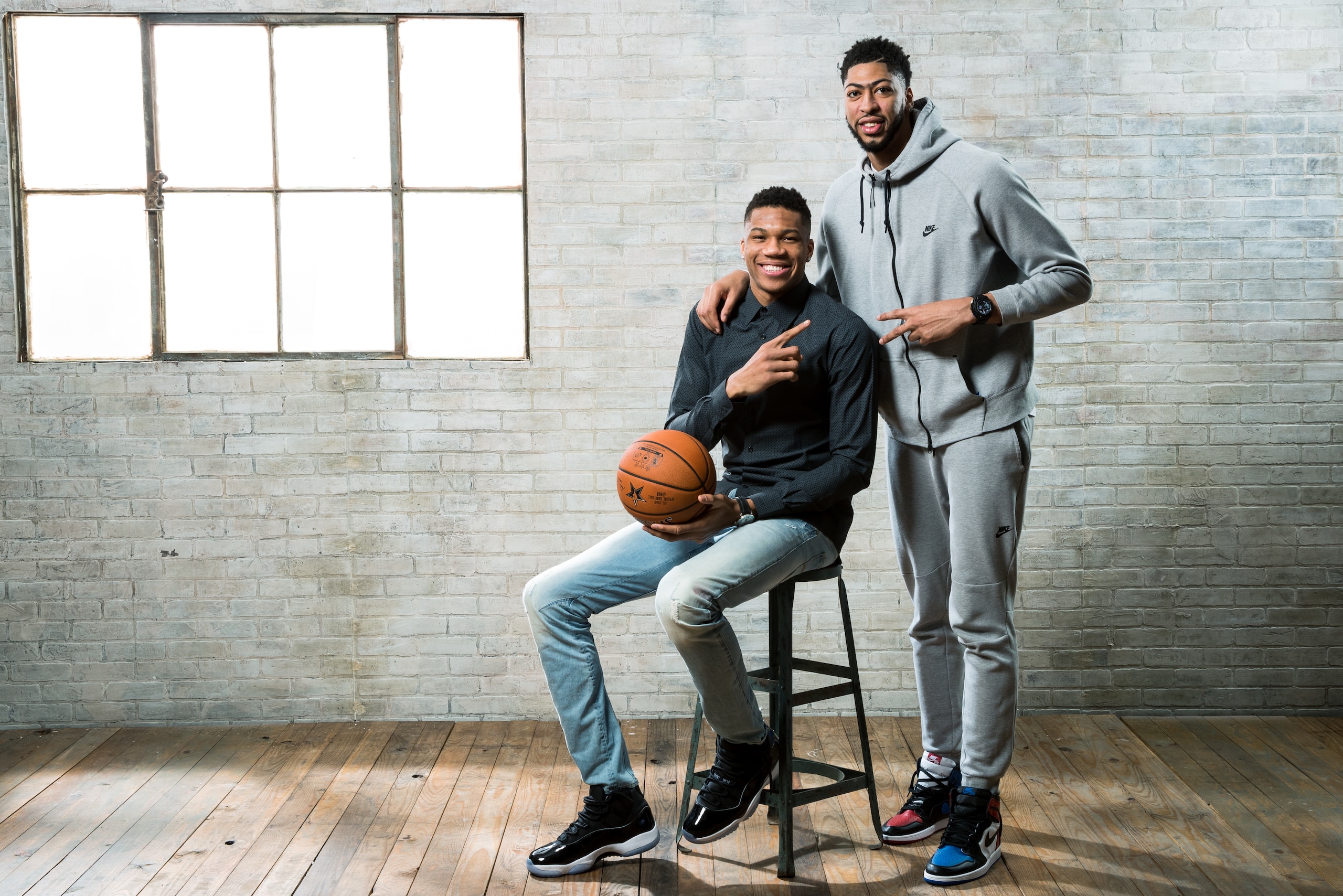NEW ORLEANS, LA - FEBRUARY 16: Giannis Anetokounmpo of the Milwaukee Bucks and Anthony Davis of the New Orleans Pelicans poses for a portrait during the 2017 All-Star Media Circuit at the Ritz Carlton in New Orleans, LA. NOTE TO USER: User expressly ackno