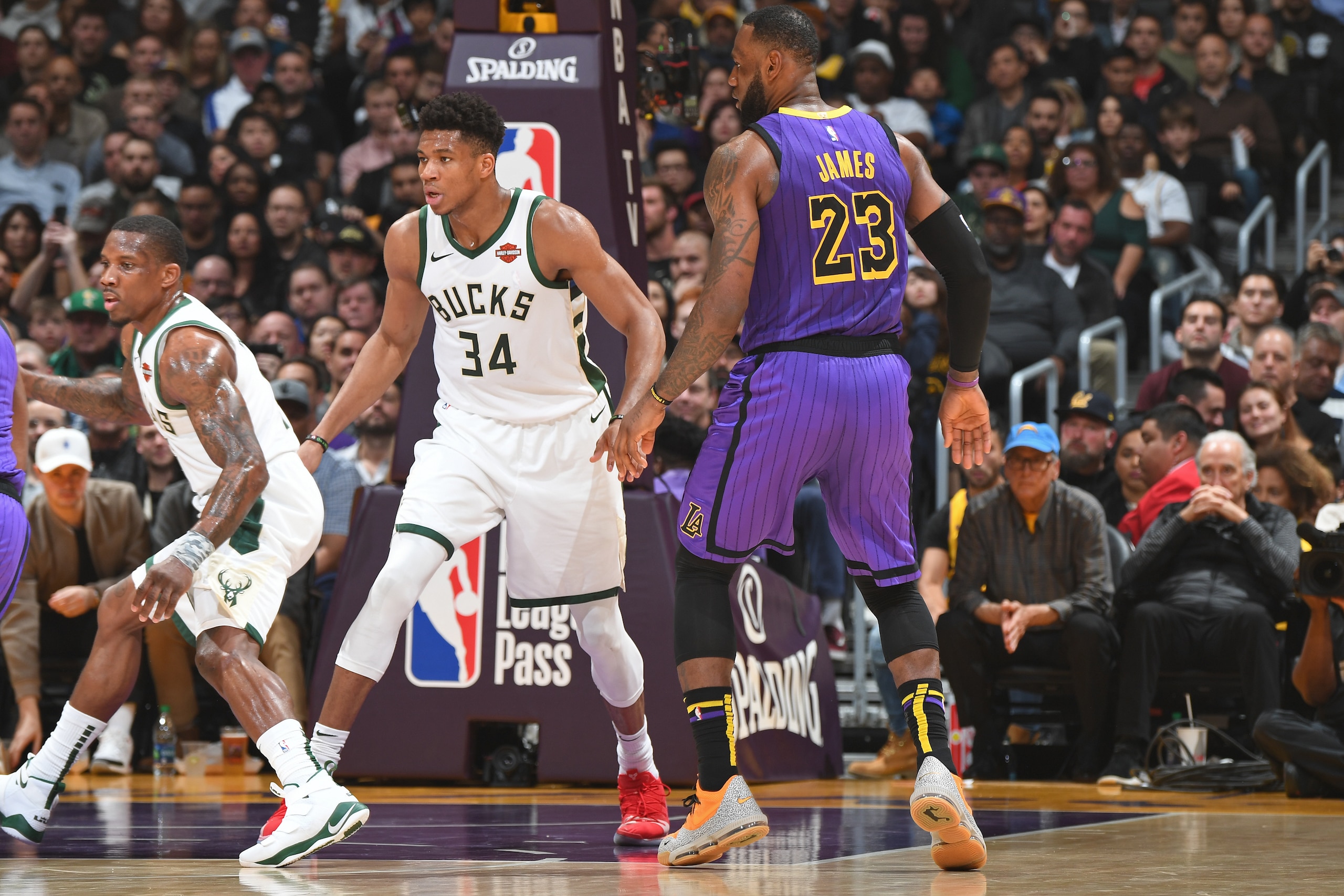 LOS ANGELES, CA - MARCH 1: Giannis Antetokounmpo #34 of the Milwaukee Bucks plays defense against LeBron James #23 of the Los Angeles Lakers on March 1 2019 at STAPLES Center in Los Angeles, California. NOTE TO USER: User expressly acknowledges and agrees