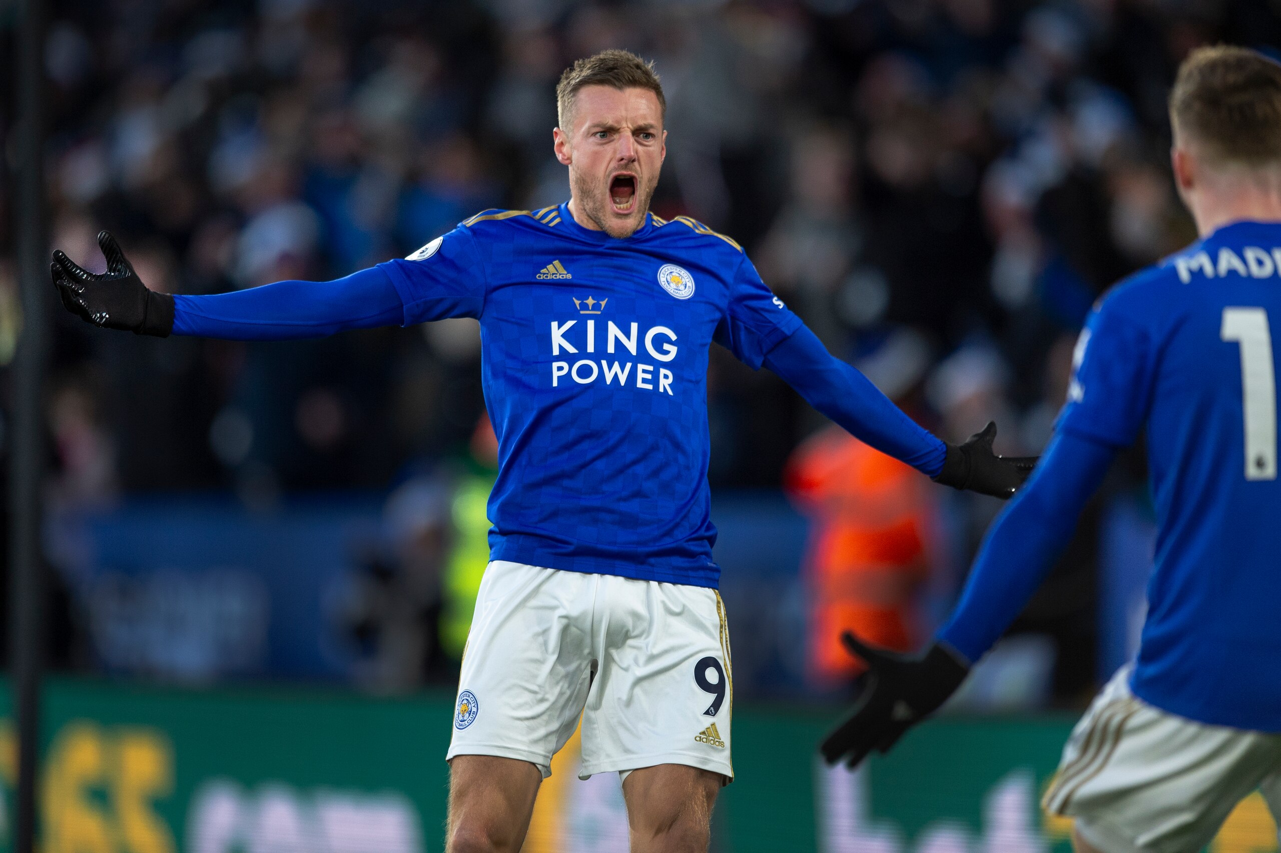 LEICESTER, ENGLAND - DECEMBER 14: Jamie Vardy of Leicester City celebrates their goal during the Premier League match between Leicester City and Norwich City at The King Power Stadium on December 14, 2019 in Leicester, United Kingdom. (Photo by Visionhaus