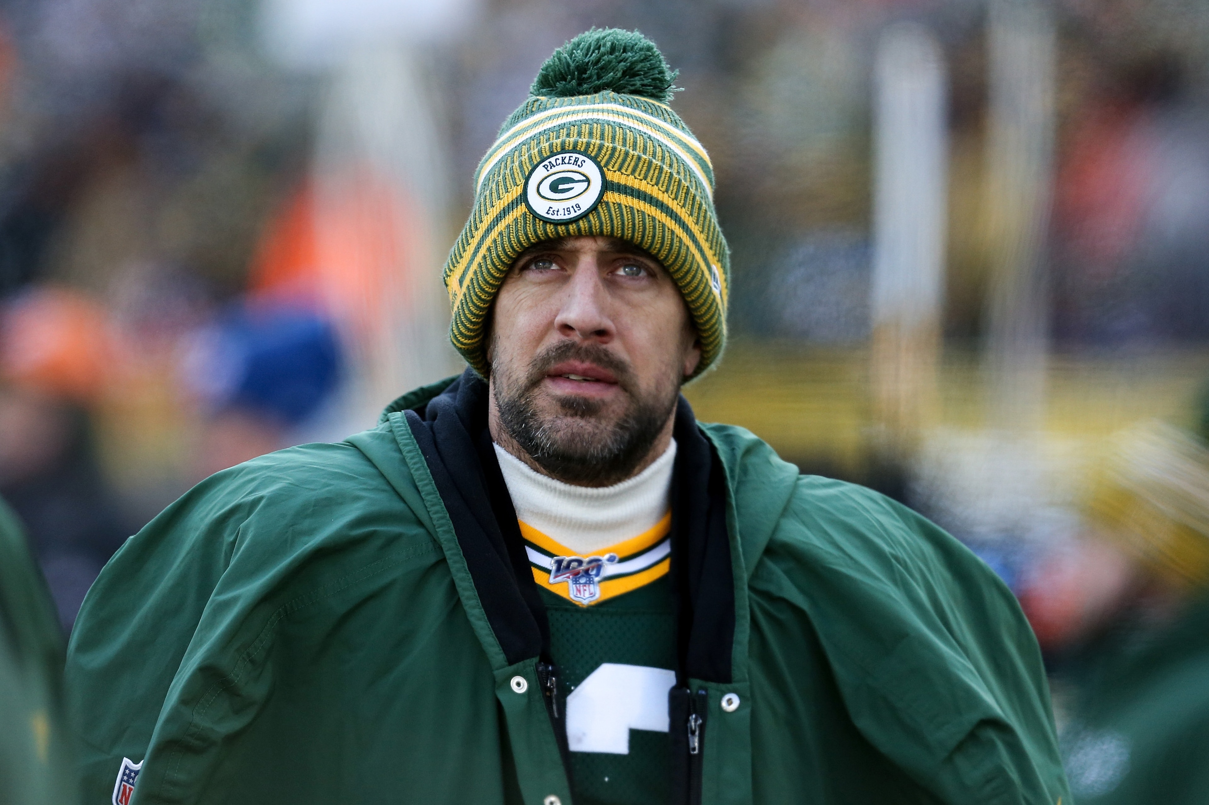 GREEN BAY, WISCONSIN - DECEMBER 15: Aaron Rodgers #12 of the Green Bay Packers looks on from the sideline in the second quarter against the Chicago Bears at Lambeau Field on December 15, 2019 in Green Bay, Wisconsin. (Photo by Dylan Buell/Getty Images)