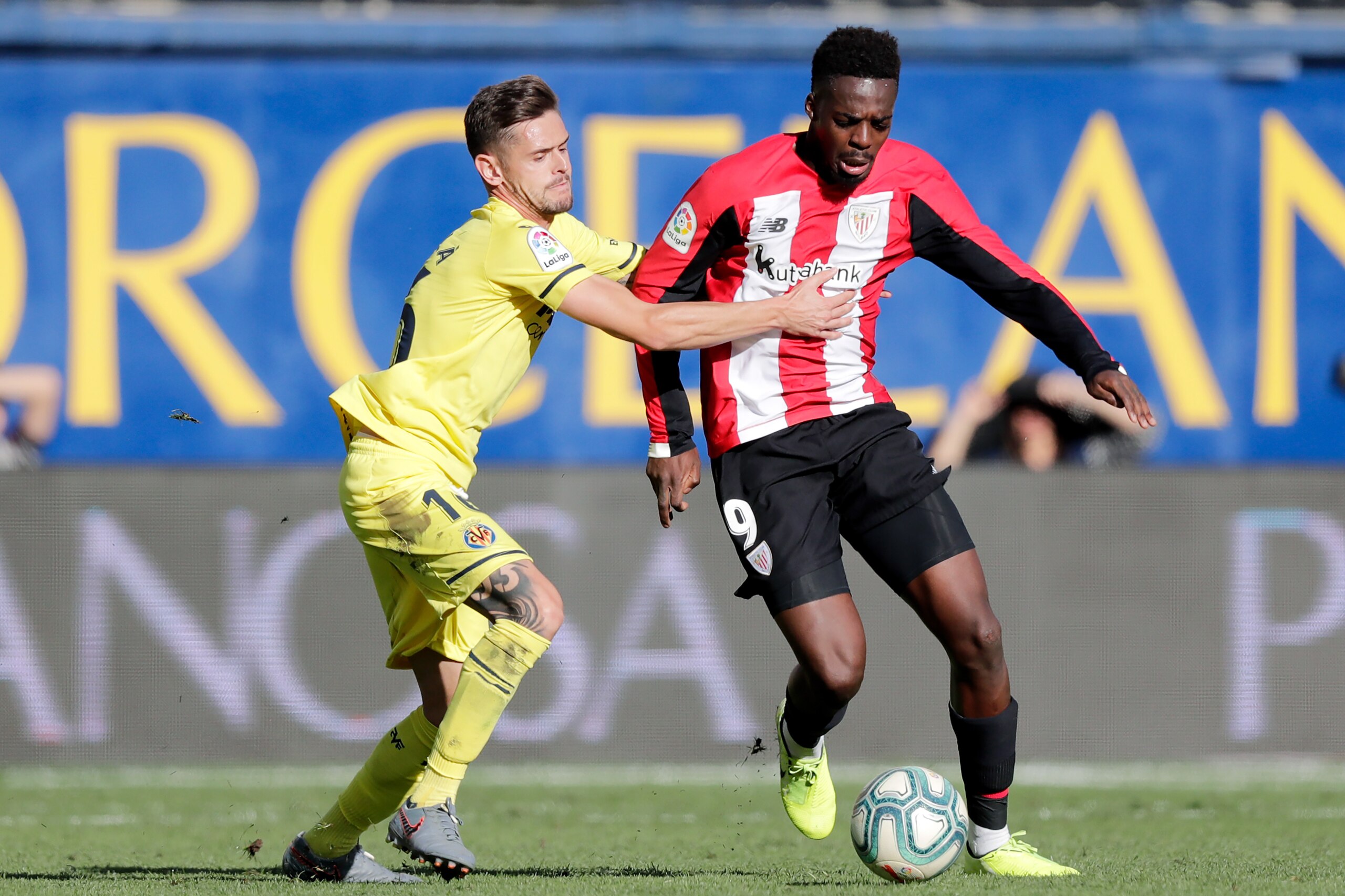 CASTELLON, SPAIN - NOVEMBER 3: (L-R) Xavier Quintilla of Villarreal, Inaki Williams of Athletic Bilbao  during the La Liga Santander  match between Villarreal v Athletic de Bilbao at the Estadio de la Ceramica on November 3, 2019 in Castellon Spain (Photo