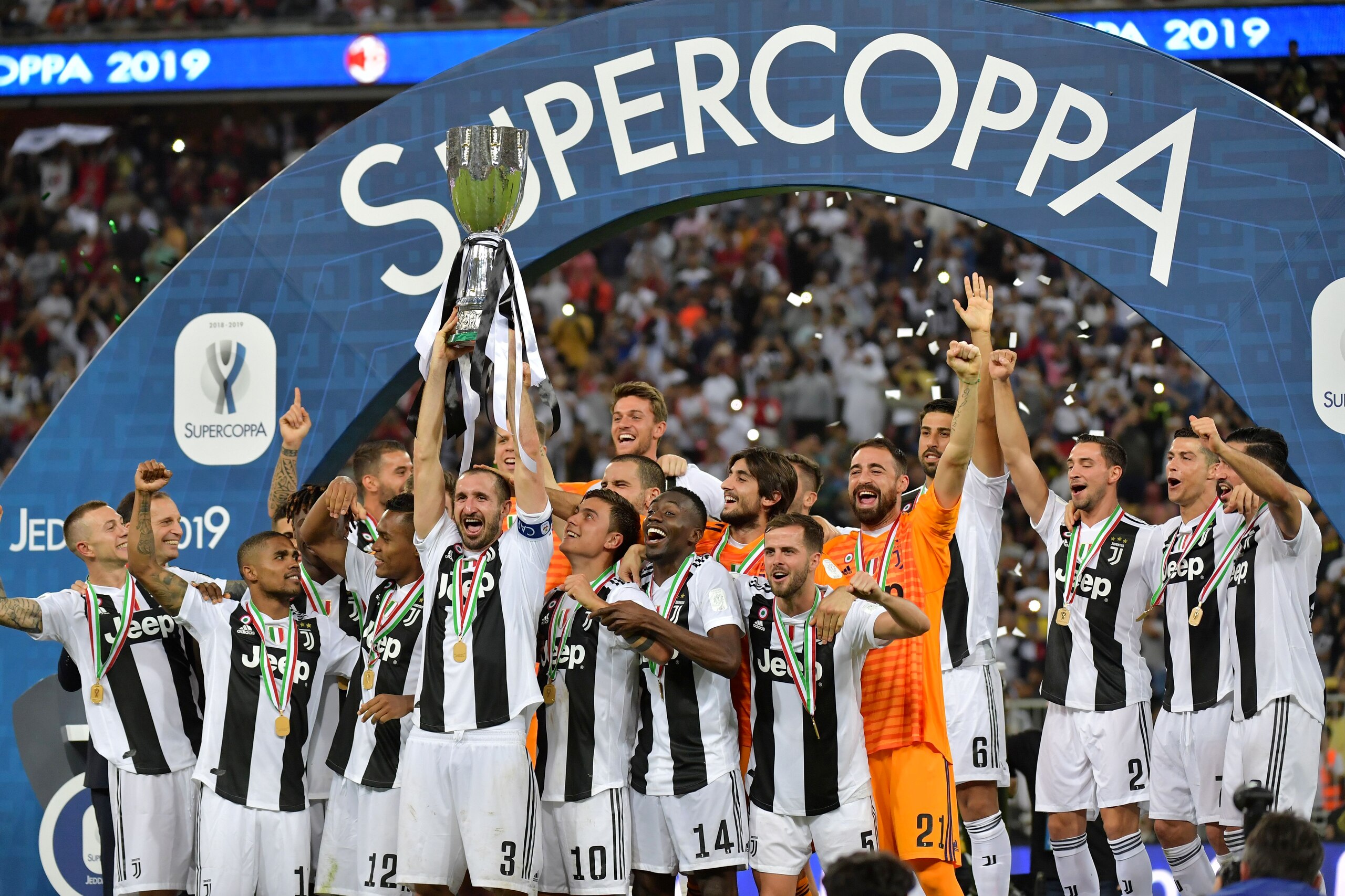 Juventus' Italian defender Giorgio Chiellini lifts the Supercoppa Italiana after winning the final between Juventus and AC Milan at the King Abdullah Sports City Stadium in Jeddah on January 16, 2019. (Photo by GIUSEPPE CACACE / AFP) (Photo credit Juventus' Italian defender Giorgio Chiellini lifts the Supercoppa Italiana after winning the final between Juventus and AC Milan at the King Abdullah Sports City Stadium in Jeddah on January 16, 2019. (Photo by GIUSEPPE CACACE / AFP) (Photo credit