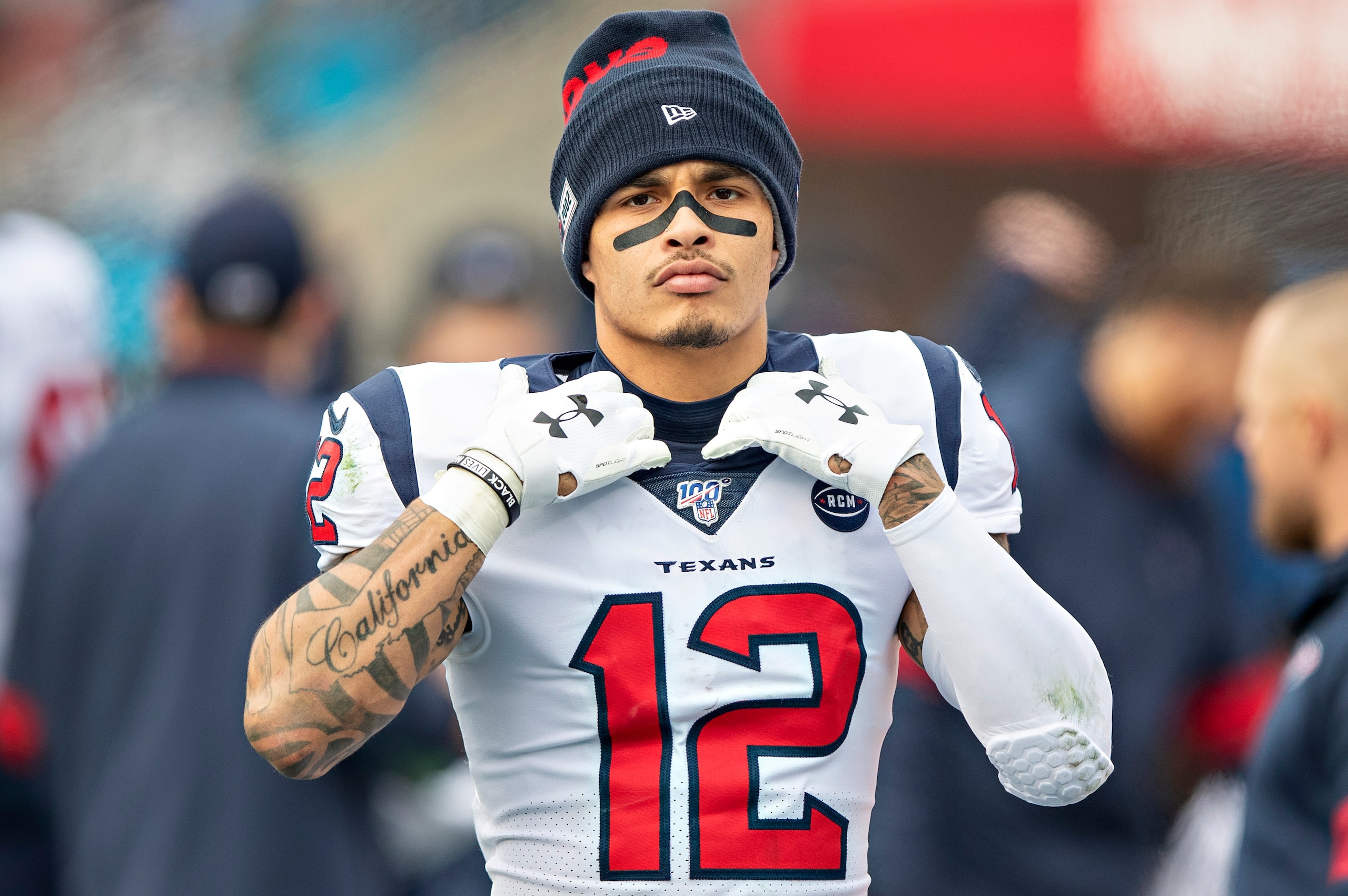 NASHVILLE, TN - DECEMBER 15:  Kenny Stills #12 of the Houston Texans on the sidelines during a game against the Tennessee Titans at Nissan Stadium on December 15, 2019 in Nashville, Tennessee.  The Texans defeated the Titans 24-21.  (Photo by Wesley Hitt/