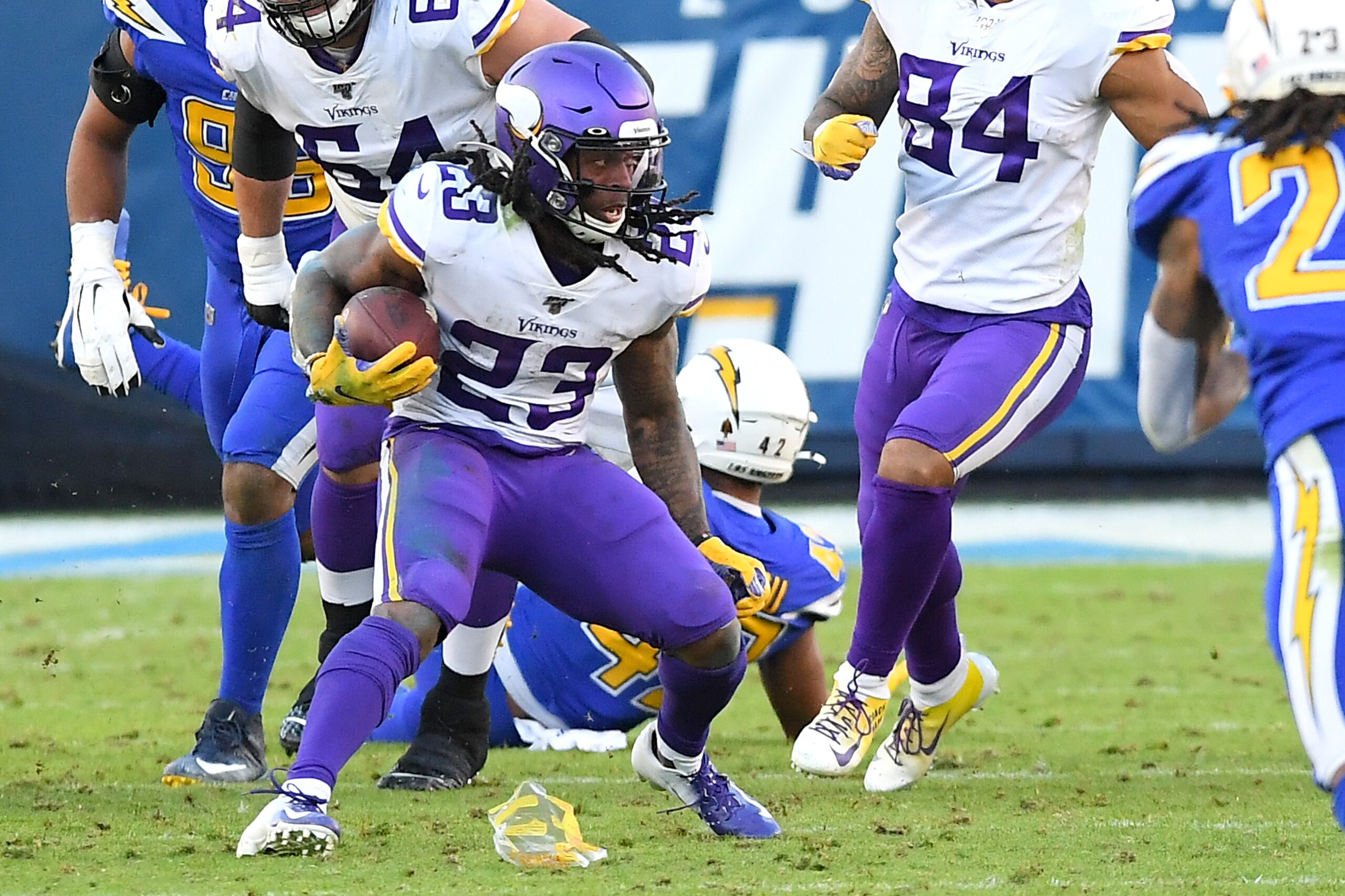 CARSON, CA - DECEMBER 15:  Running back Mike Boone #23 of the Minnesota Vikings runs for a first down in the second half of the game against the Los Angeles Chargers at Dignity Health Sports Park on December 15, 2019 in Carson, California. (Photo by Jayne