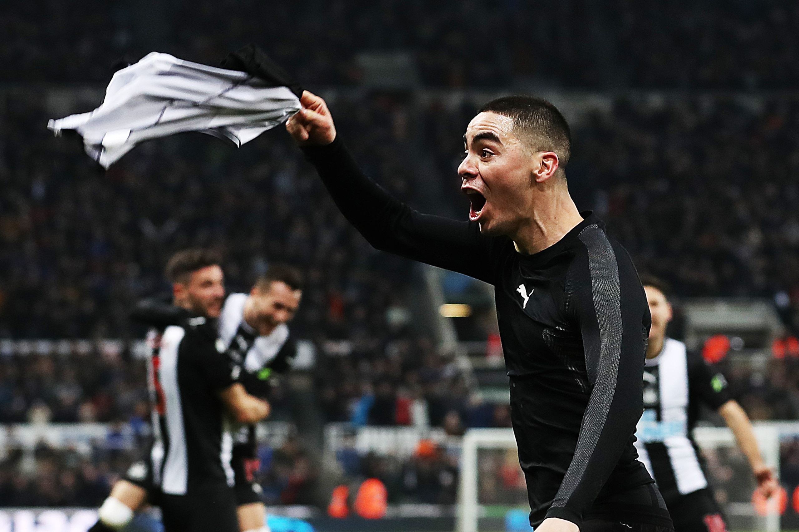 NEWCASTLE UPON TYNE, ENGLAND - DECEMBER 21: Miguel Almiron of Newcastle United celebrates scoring the only goal of the game during the Premier League match between Newcastle United and Crystal Palace at St. James Park on December 21, 2019 in Newcastle upo