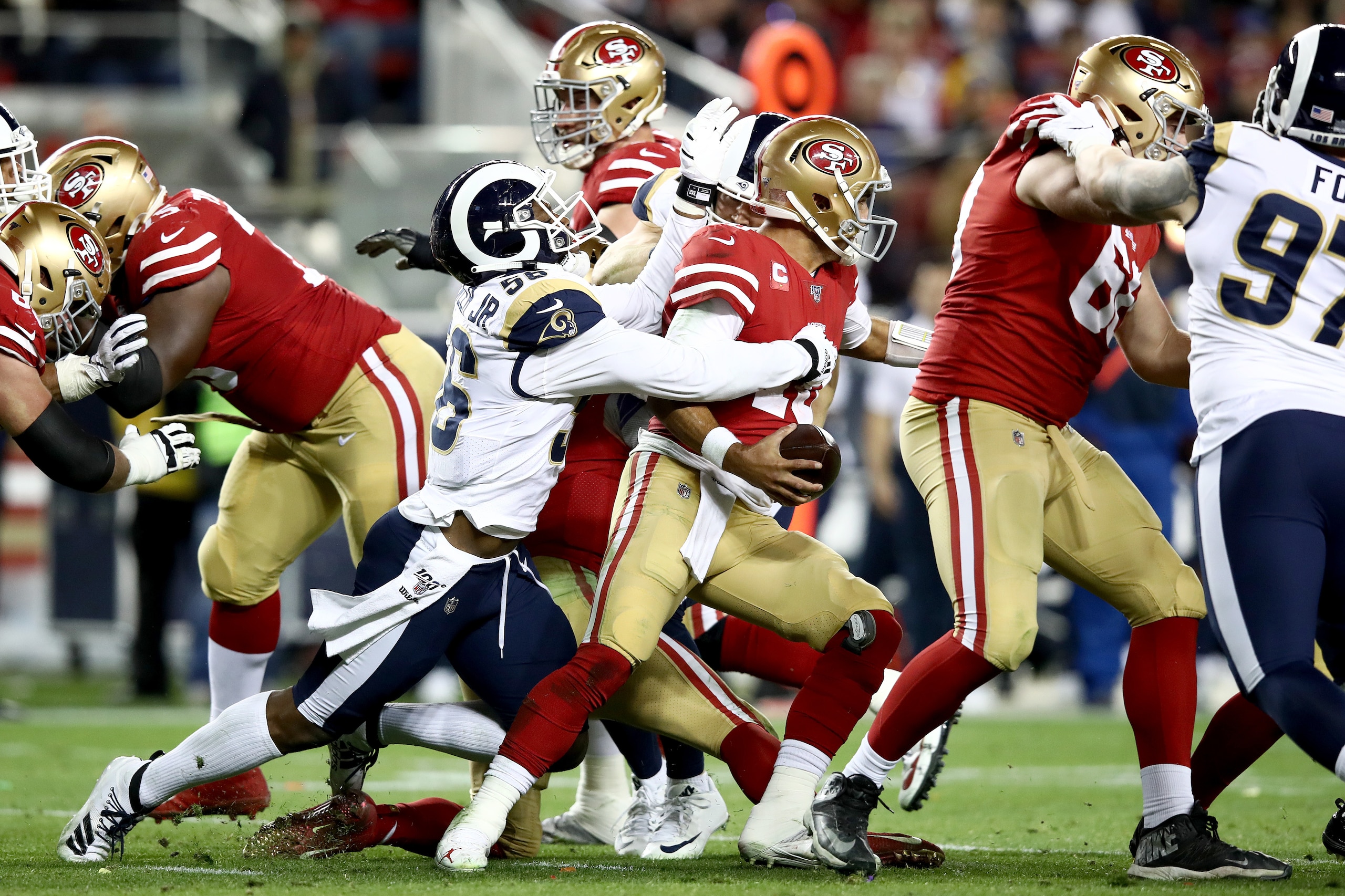 SANTA CLARA, CALIFORNIA - DECEMBER 21: Linebacker Dante Fowler #56 of the Los Angeles Rams sacks quarterback Jimmy Garoppolo #10 of the San Francisco 49ers during the game at Levi's Stadium on December 21, 2019 in Santa Clara, California. (Photo by Ezra S SANTA CLARA, CALIFORNIA - DECEMBER 21: Linebacker Dante Fowler #56 of the Los Angeles Rams sacks quarterback Jimmy Garoppolo #10 of the San Francisco 49ers during the game at Levi's Stadium on December 21, 2019 in Santa Clara, California. (Photo by Ezra S