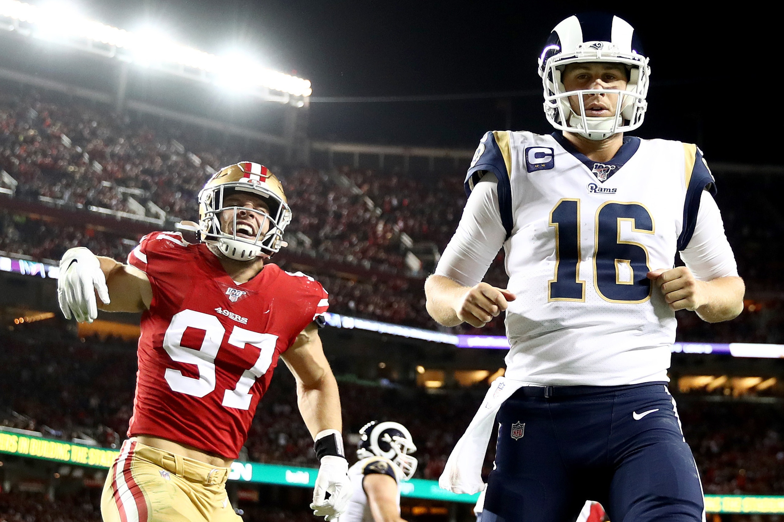 SANTA CLARA, CALIFORNIA - DECEMBER 21: Defensive end Nick Bosa #97 of the San Francisco 49ers celebrates an incomplete pass in the end zone after pressuring quarterback Jared Goff #16 of the Los Angeles Rams at Levi's Stadium on December 21, 2019 in Sant SANTA CLARA, CALIFORNIA - DECEMBER 21: Defensive end Nick Bosa #97 of the San Francisco 49ers celebrates an incomplete pass in the end zone after pressuring quarterback Jared Goff #16 of the Los Angeles Rams at Levi's Stadium on December 21, 2019 in Sant