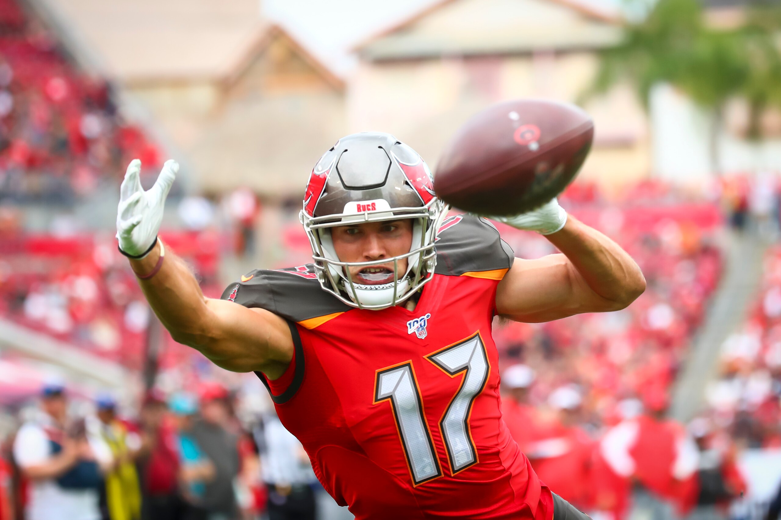 TAMPA, FL - DECEMBER 21: Justin Watson #17 of the Tampa Bay Buccaneers fails to reach a pass in the end zone during the first half against the Houston Texans on December 21, 2019 at Raymond James Stadium in Tampa, Florida. (Photo by Will Vragovic/Getty Im