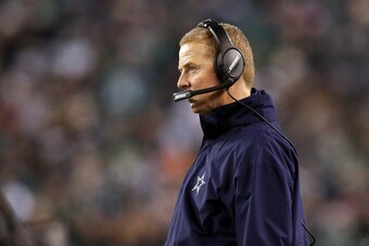 PHILADELPHIA, PENNSYLVANIA - DECEMBER 22: Head coach Jason Garrett of the Dallas Cowboys looks on during the first half against the Philadelphia Eagles in the game at Lincoln Financial Field on December 22, 2019 in Philadelphia, Pennsylvania. (Photo by Pa