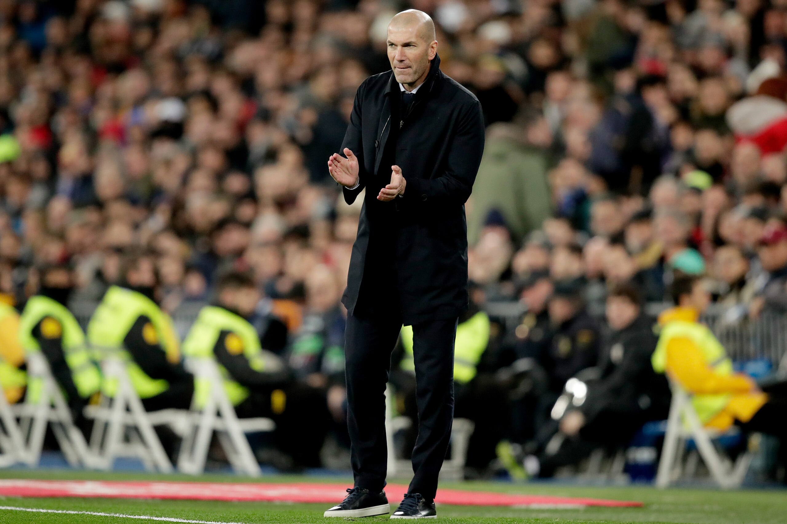 MADRID, SPAIN - DECEMBER 22: coach Zinedine Zidane of Real Madrid  during the La Liga Santander  match between Real Madrid v Athletic de Bilbao at the Santiago Bernabeu on December 22, 2019 in Madrid Spain (Photo by David S. Bustamante/Soccrates/Getty Ima
