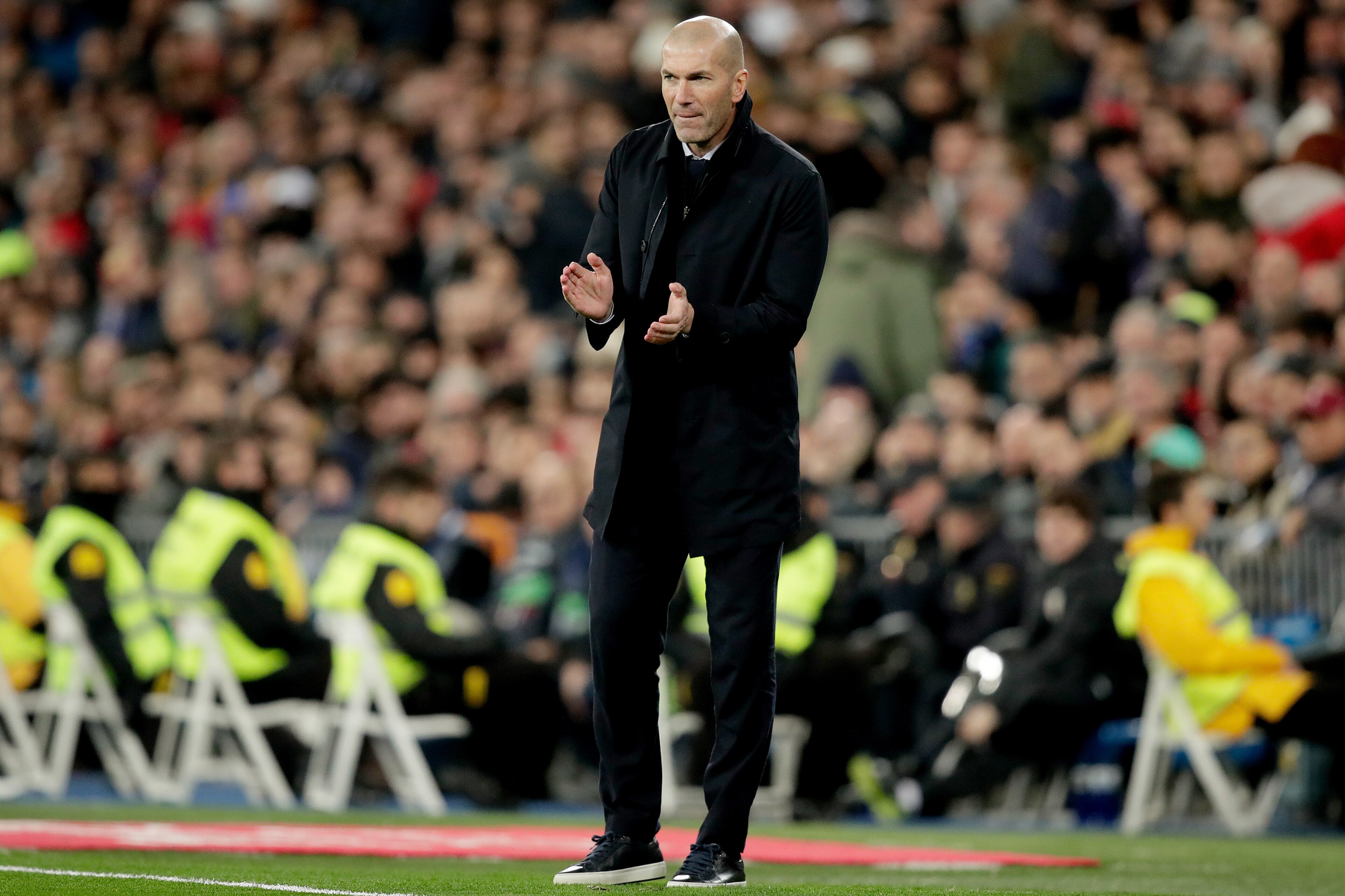 MADRID, SPAIN - DECEMBER 22: coach Zinedine Zidane of Real Madrid  during the La Liga Santander  match between Real Madrid v Athletic de Bilbao at the Santiago Bernabeu on December 22, 2019 in Madrid Spain (Photo by David S. Bustamante/Soccrates/Getty Ima