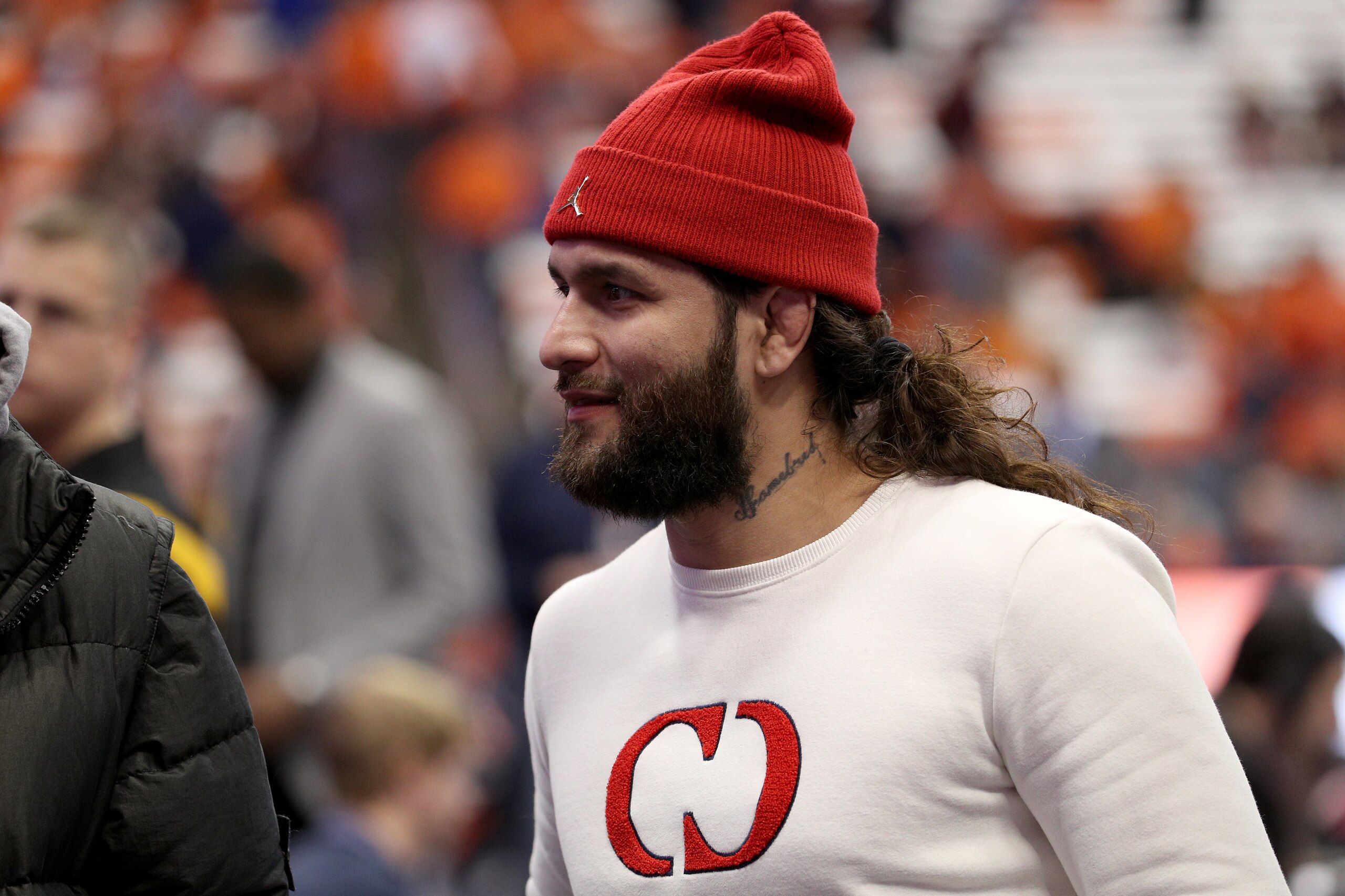 SYRACUSE, NEW YORK - DECEMBER 03: UFC Fighter Jorge Masvidal greets fans during halftime of an NCAA basketball game between the Syracuse Orange and the Iowa Hawkeyes at the Carrier Dome on December 03, 2019 in Syracuse, New York. (Photo by Bryan Bennett/G