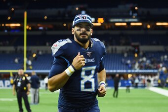INDIANAPOLIS, INDIANA - DECEMBER 01:  Marcus Mariota #8 of the Tennessee Titans leaves the field following a game against the Indianapolis Colts at Lucas Oil Stadium on December 01, 2019 in Indianapolis, Indiana. (Photo by Stacy Revere/Getty Images)